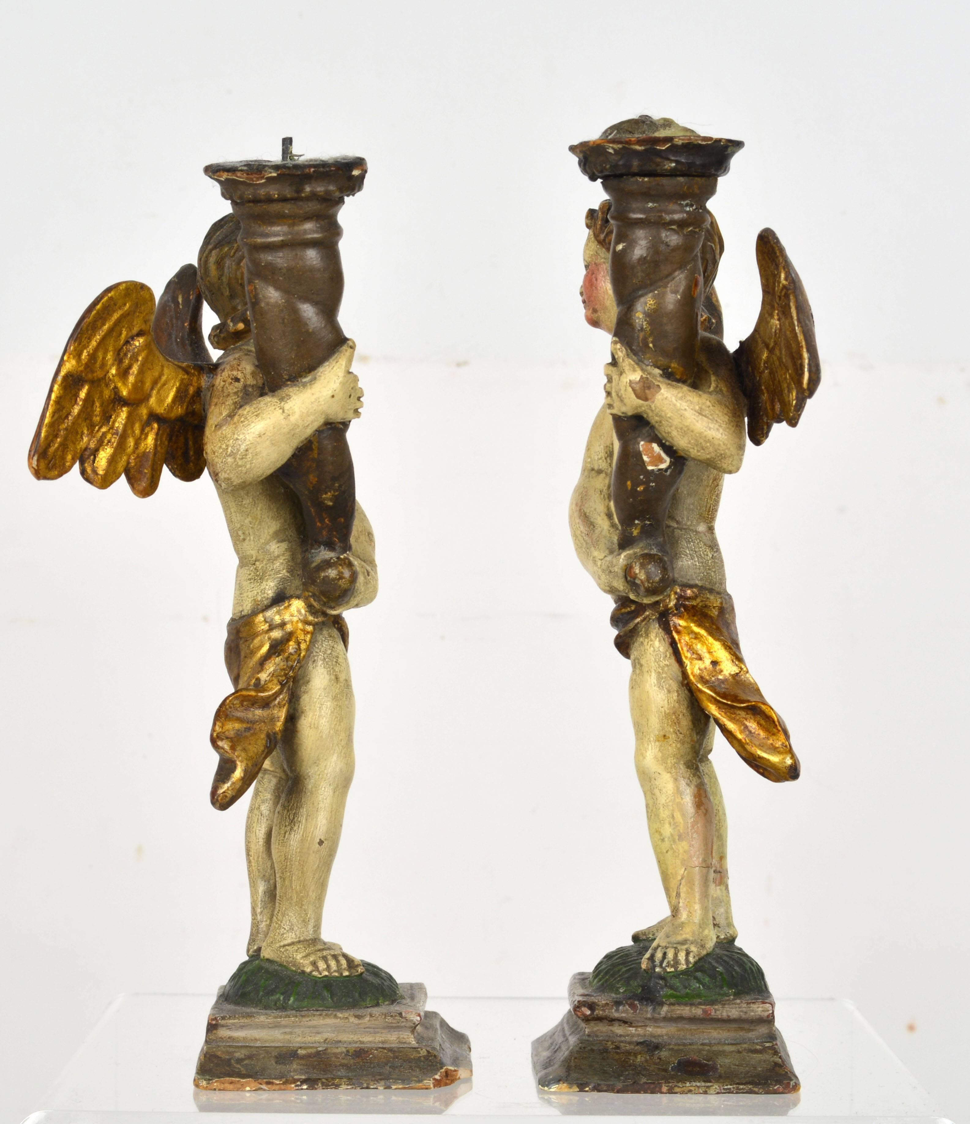 Baroque Lovely Pair of 18th Century Italian Carved Paint and Giltwood Putti Prickets