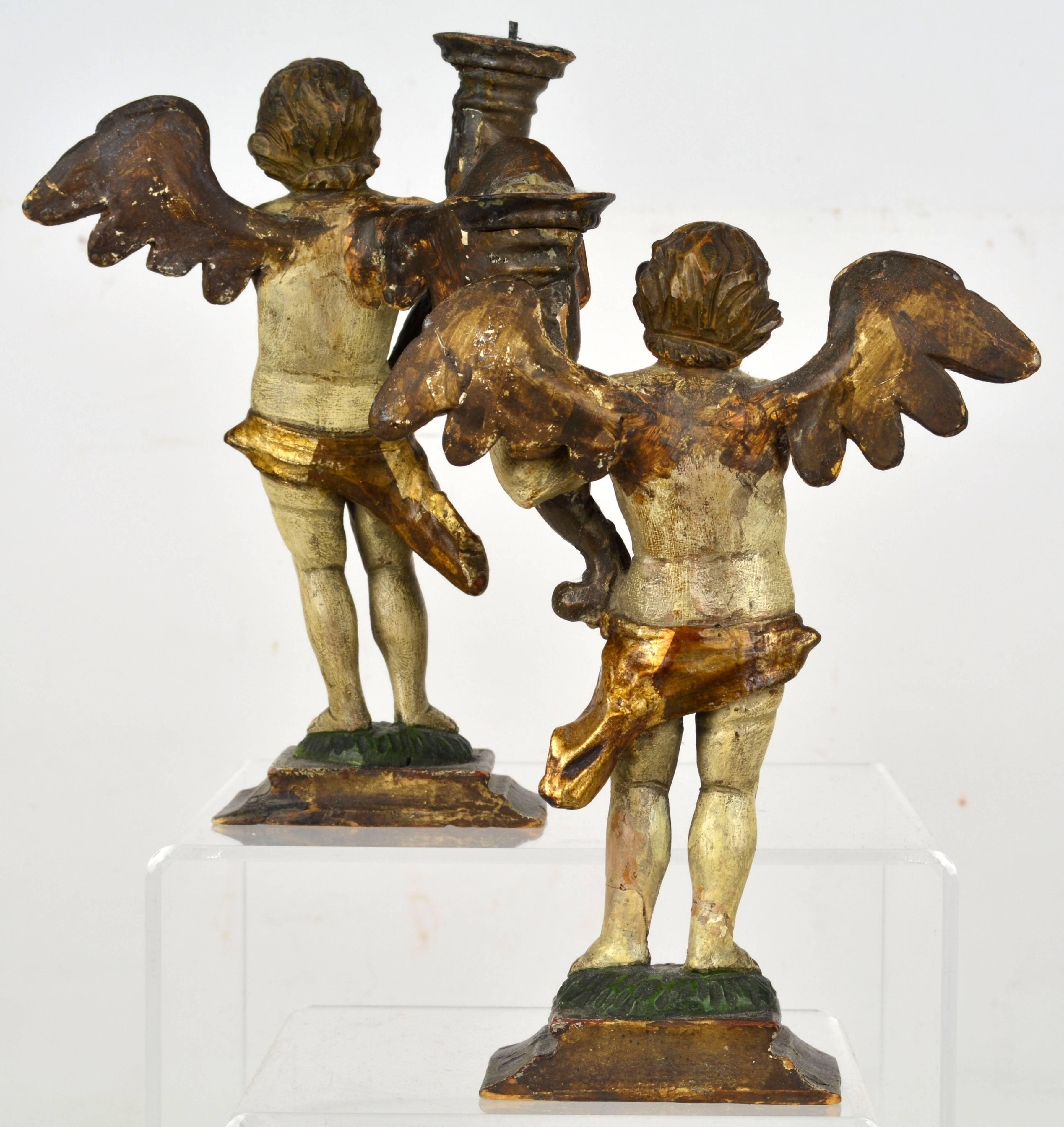 Standing 8.5 in. tall both of these charming and slightly individualized putti or cherub figures are featuring wide spread giltwood wings and draped loin swags while holding Cornucopias ending in prickets. Small gems from the Baroque period.
      
