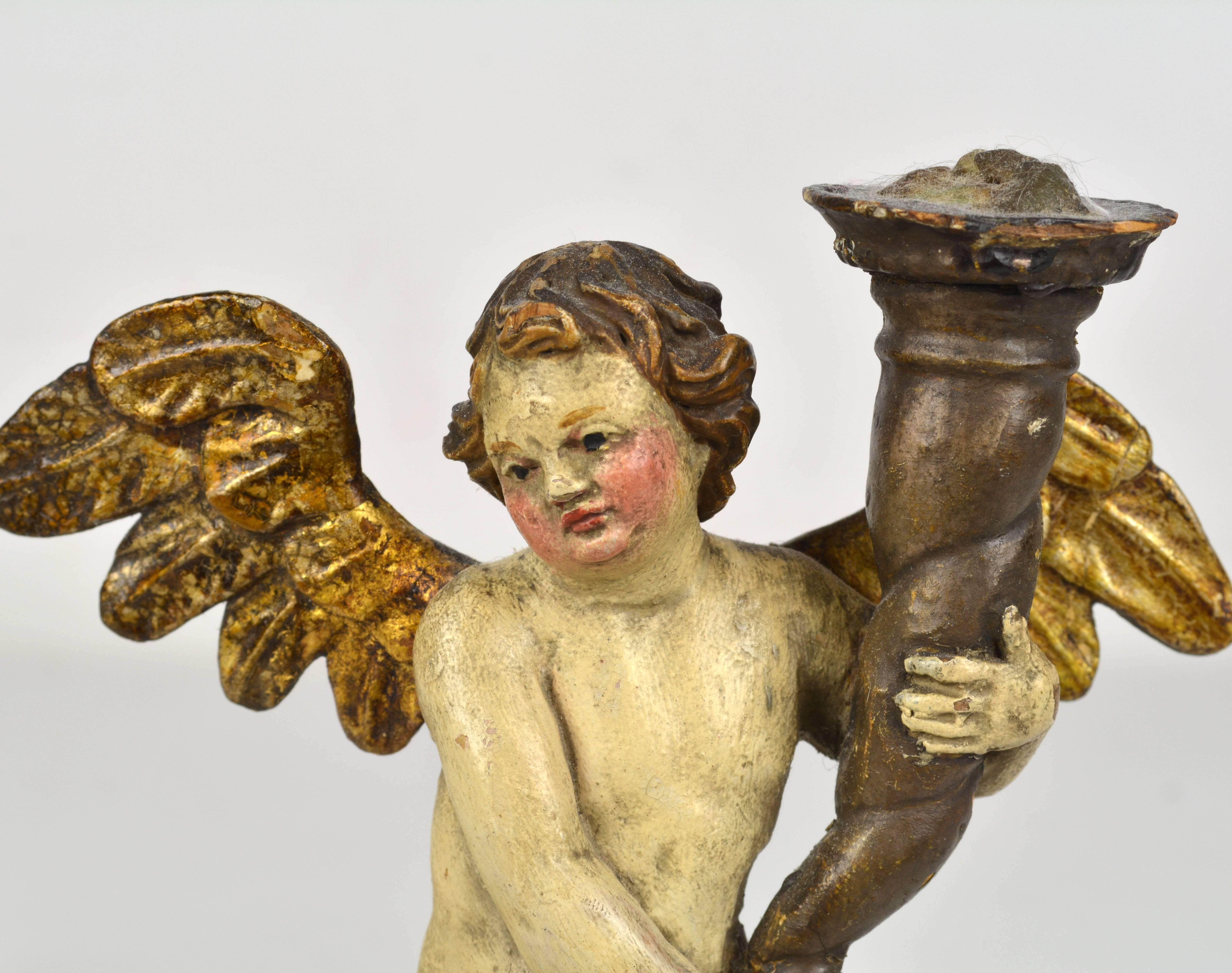 Gold Leaf Lovely Pair of 18th Century Italian Carved Paint and Giltwood Putti Prickets