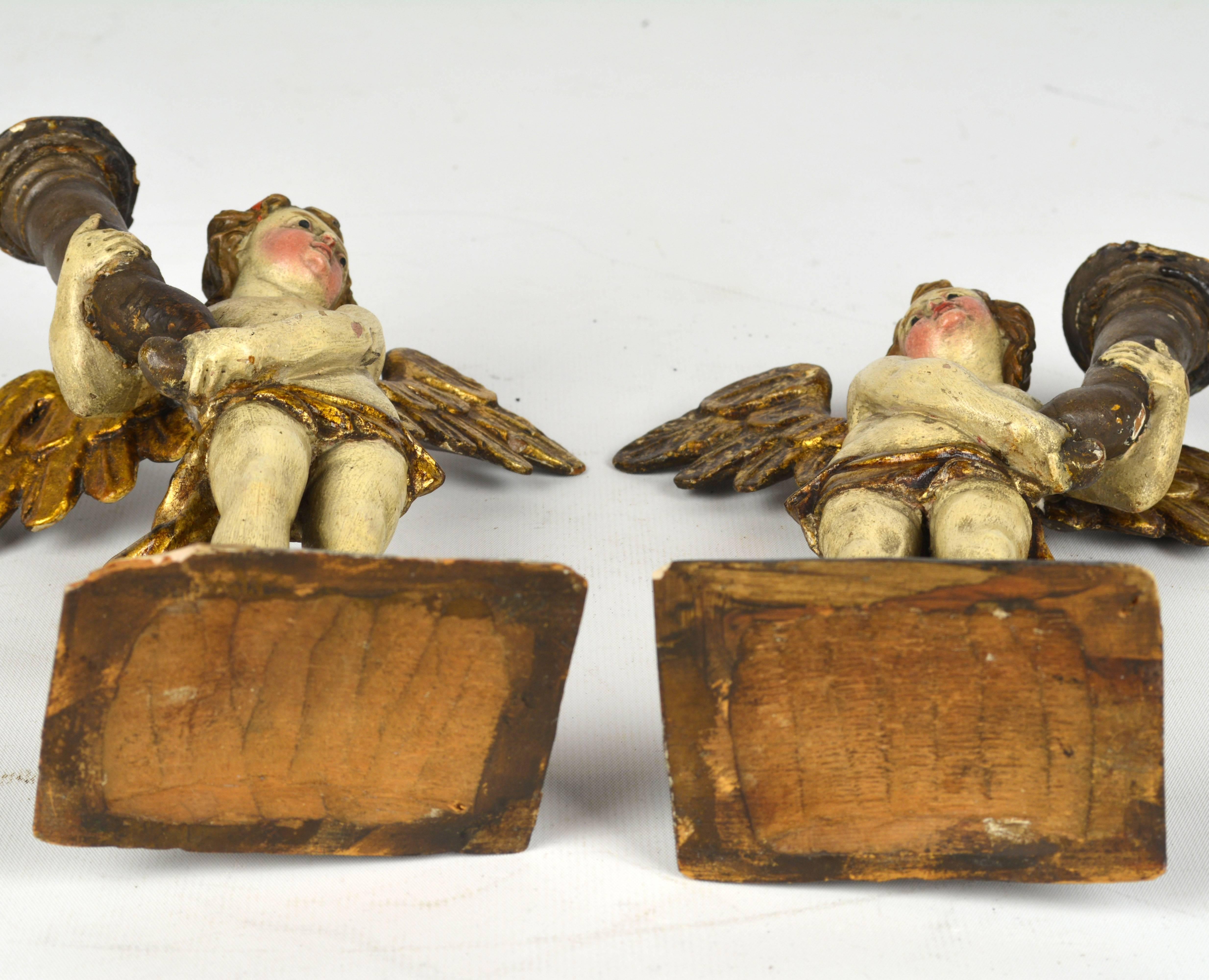Lovely Pair of 18th Century Italian Carved Paint and Giltwood Putti Prickets 2