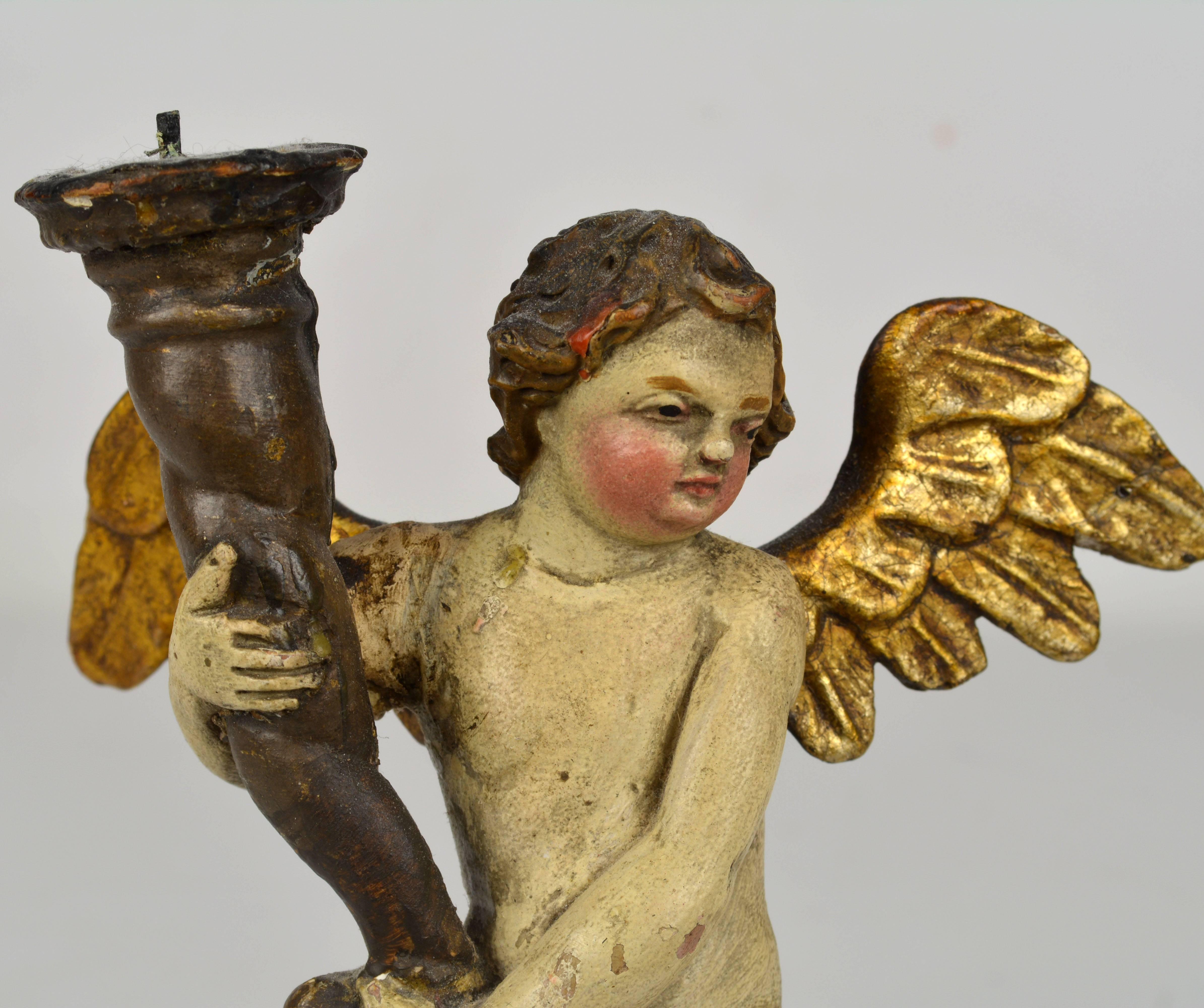 Lovely Pair of 18th Century Italian Carved Paint and Giltwood Putti Prickets 3