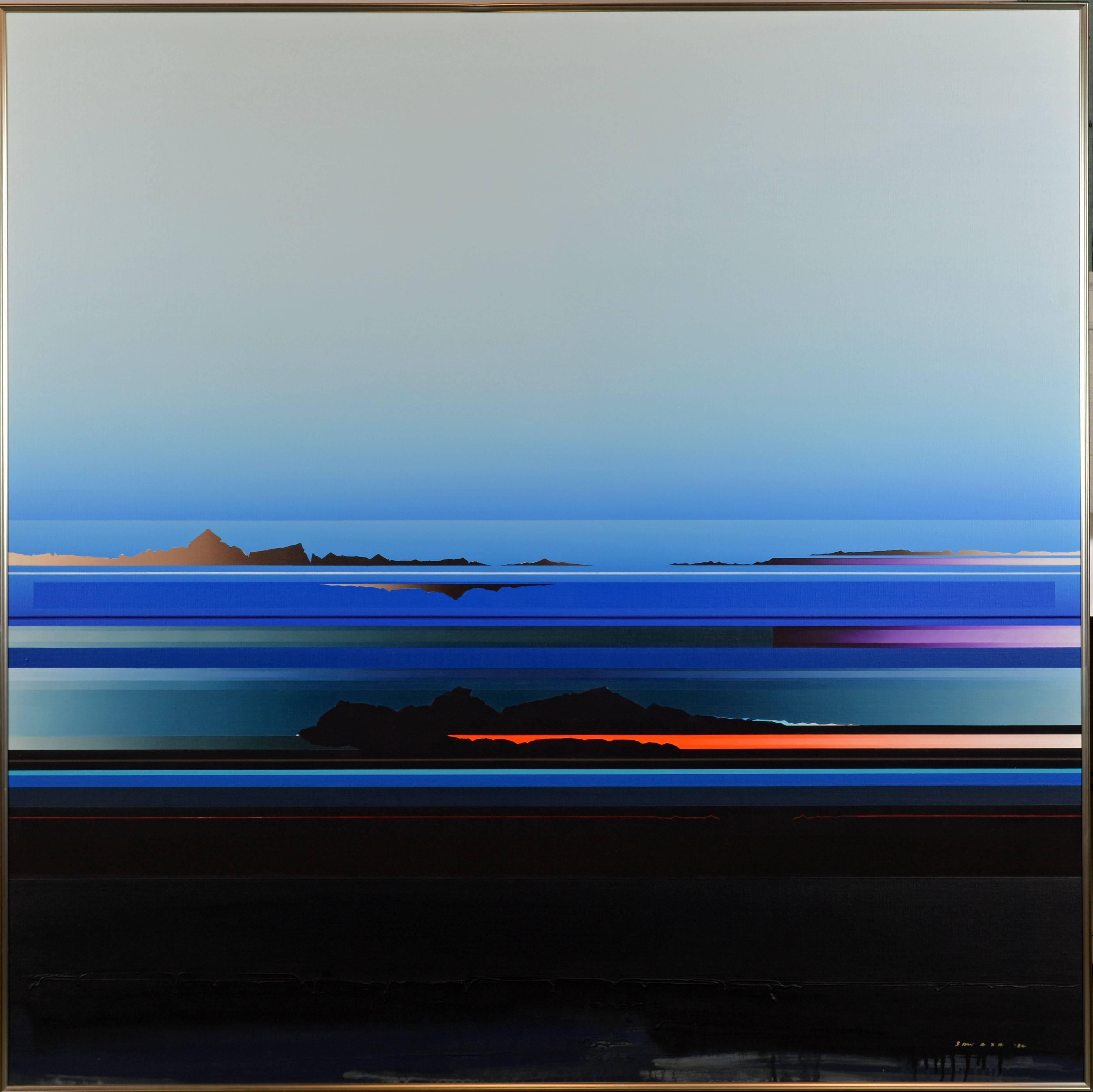 Welcome to the world of Tetsuro Sawada where the views are 'electrified' by striking simplification and a subtle yet dramatic palette. This large exceptional oil on canvas measures 57.25 x 57.25 in. without frame, 58.25 x 58.25 including the