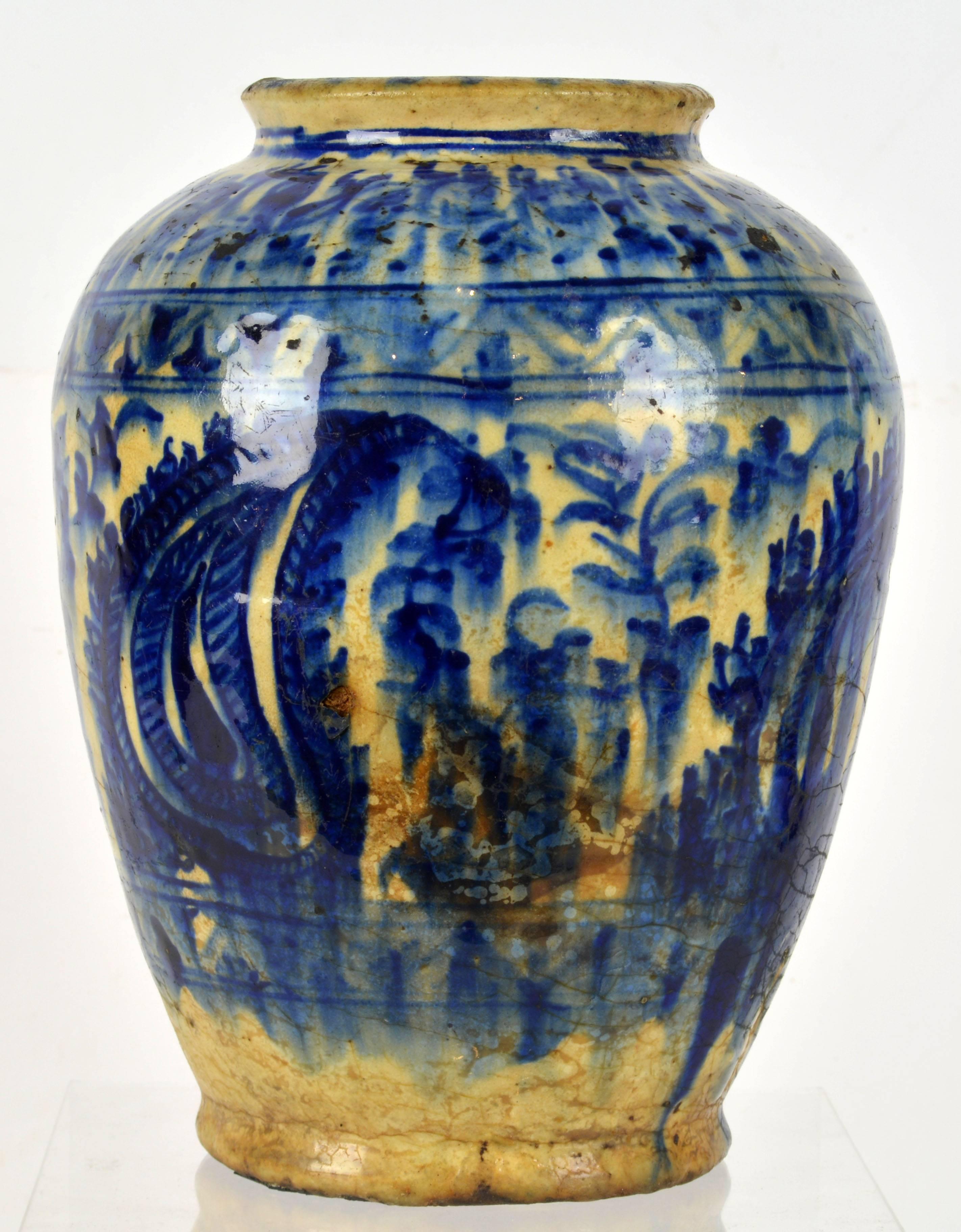 Glazed Rare Islamic Mamluk Period 16th Century Likely Syrian Blue and White Ceramic Jar