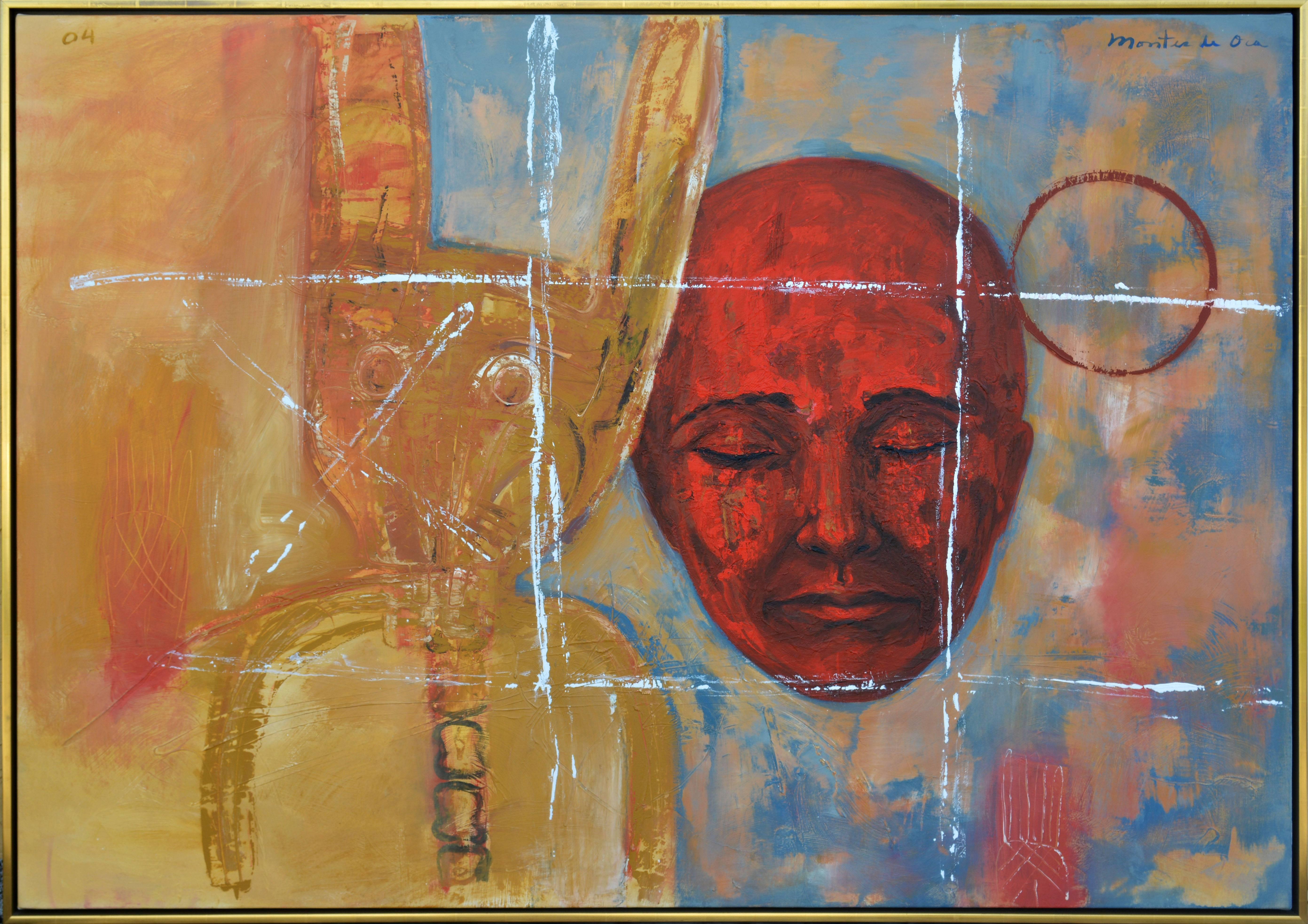 'Equilibrio'
by Carlos Montes de Oca, Cuban b. 1968.
57 x 98 in. without frame, 59 x 100 in. including frame, oil on canvas, signed on the front, inscribed, titled and dated 2004 by the artist on the back.
Gold leaf modern floater