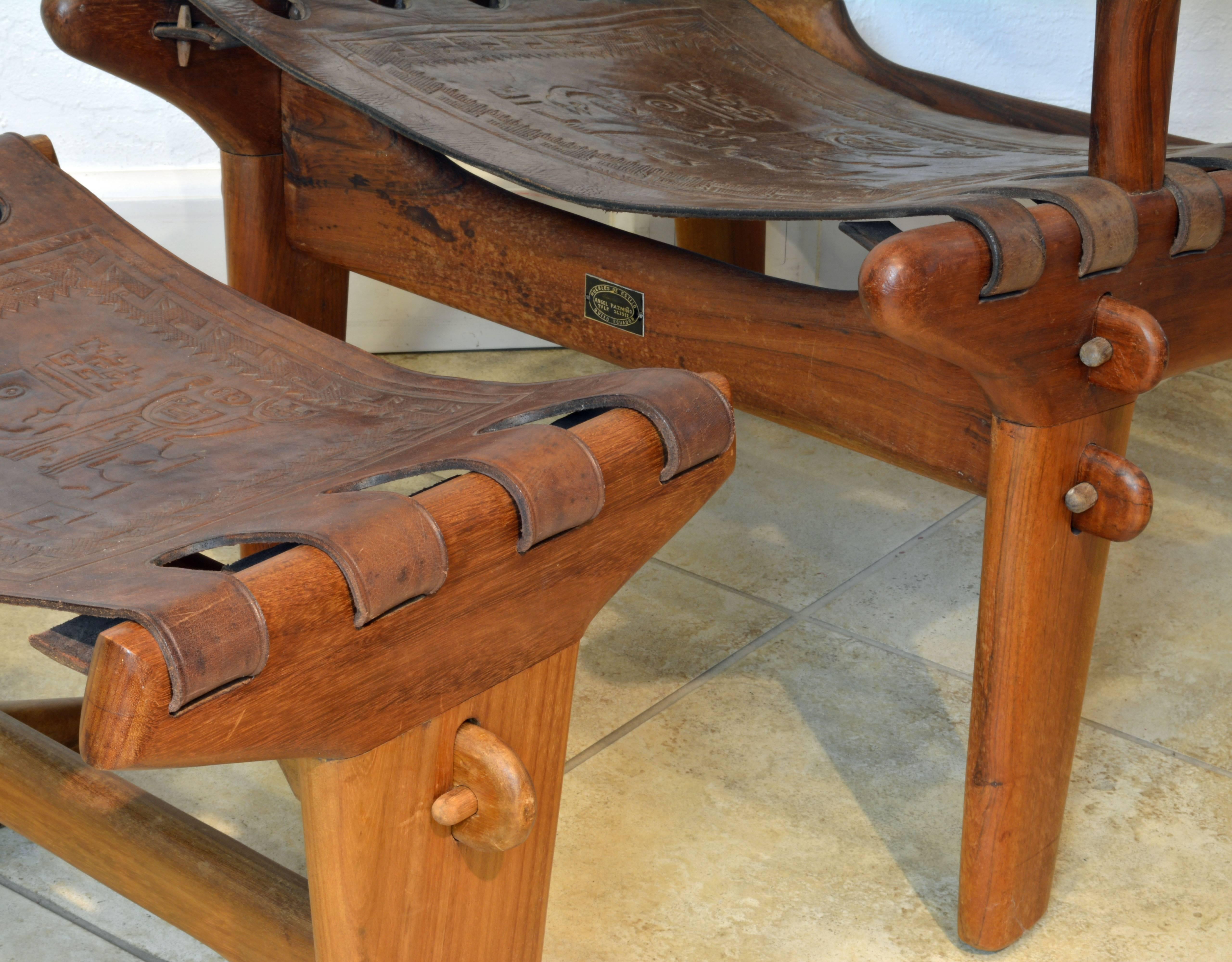 Embossed Mid-Century Modern Wood and Leather Chair and Footstool by Angel Pazmino