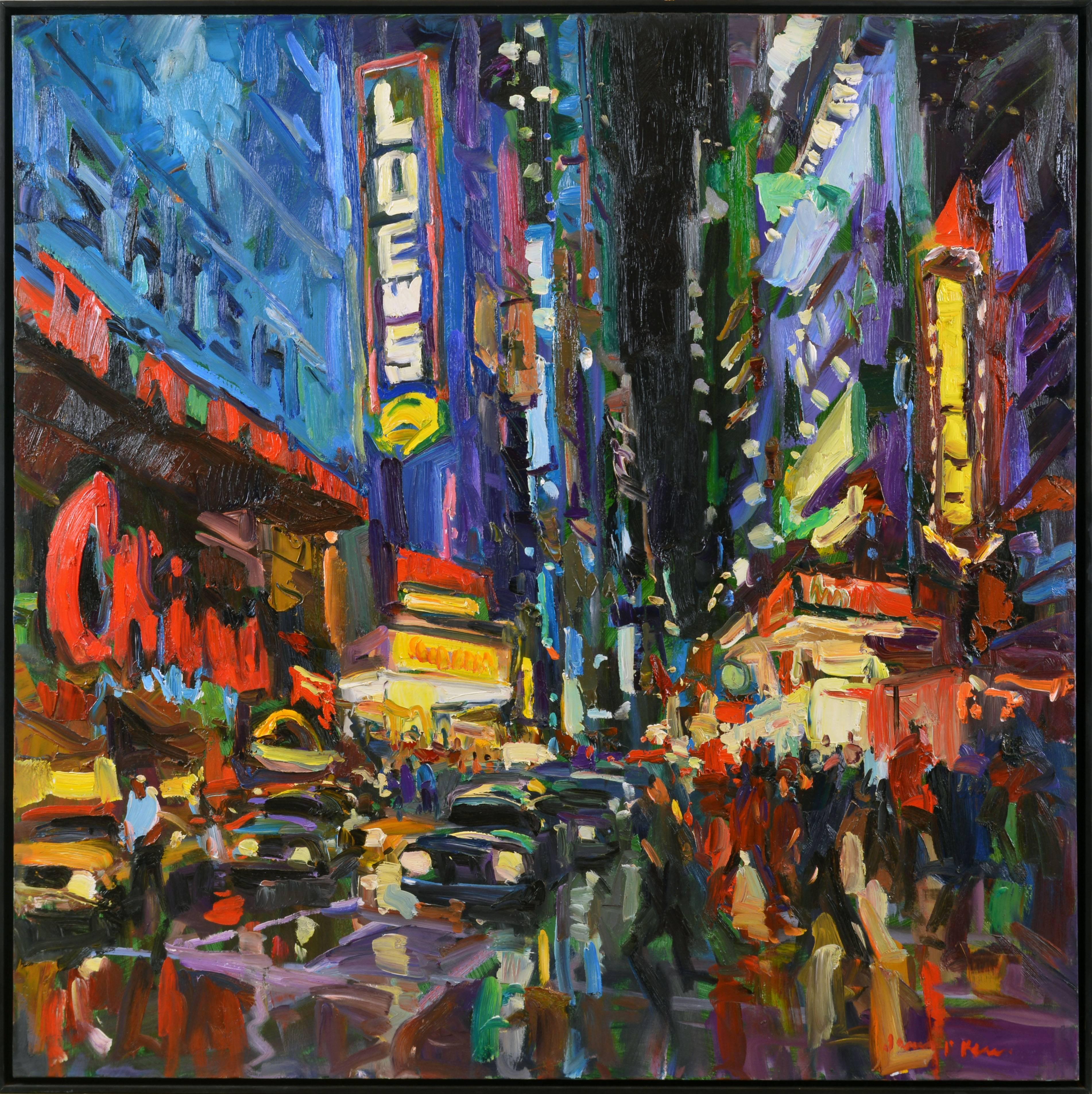 Opening night on broadway in New York city. James Kerr captures the flickering light, the rain, the people and their expectations with bold brush strokes and intense colour in this large oil on canvas measuring 48 x 48 inch. Without frame and 50 x