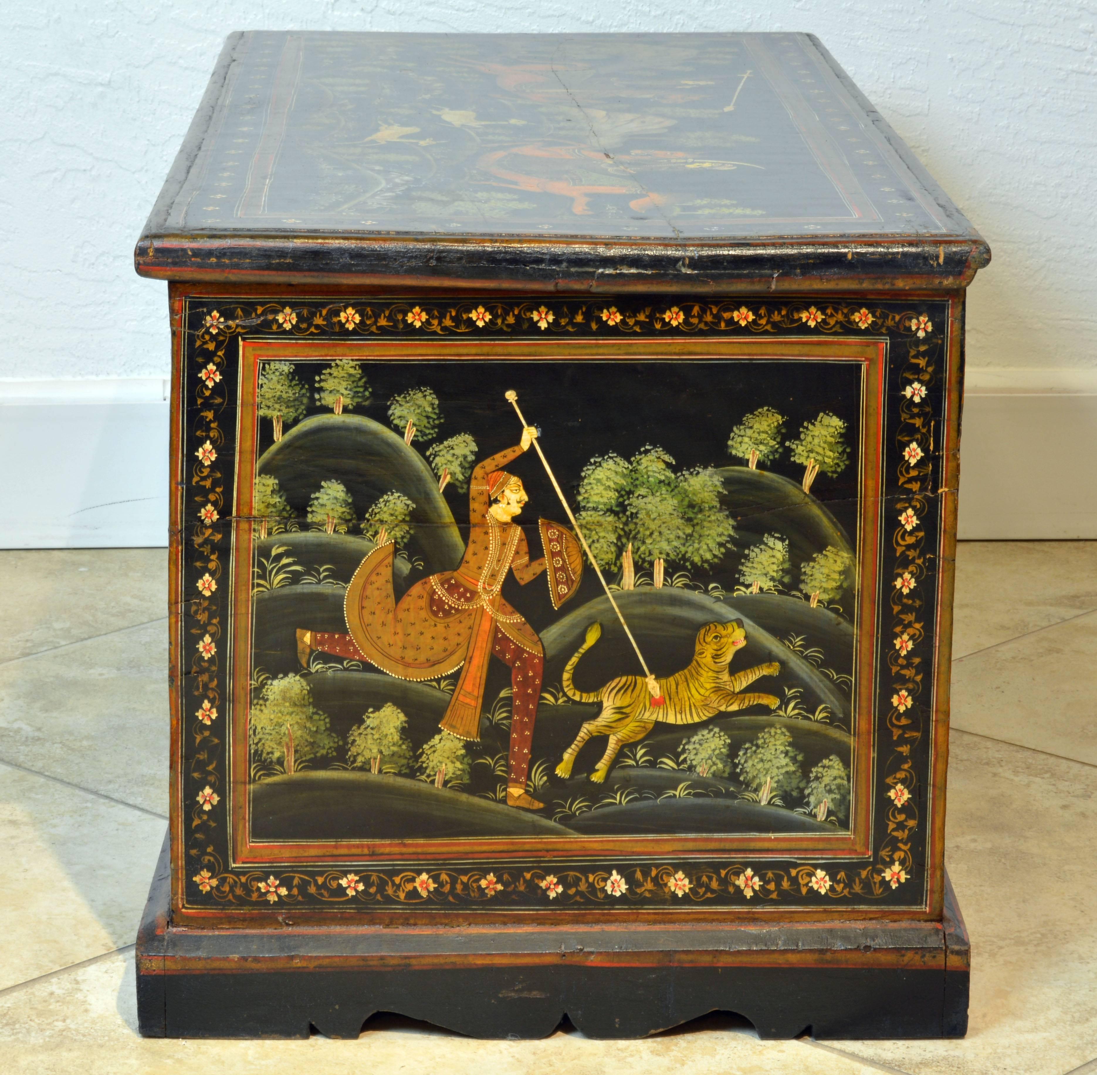 Anglo-Indian 19th Century Likely North Indian Mughal School Painted Chest with Hunting Scenes