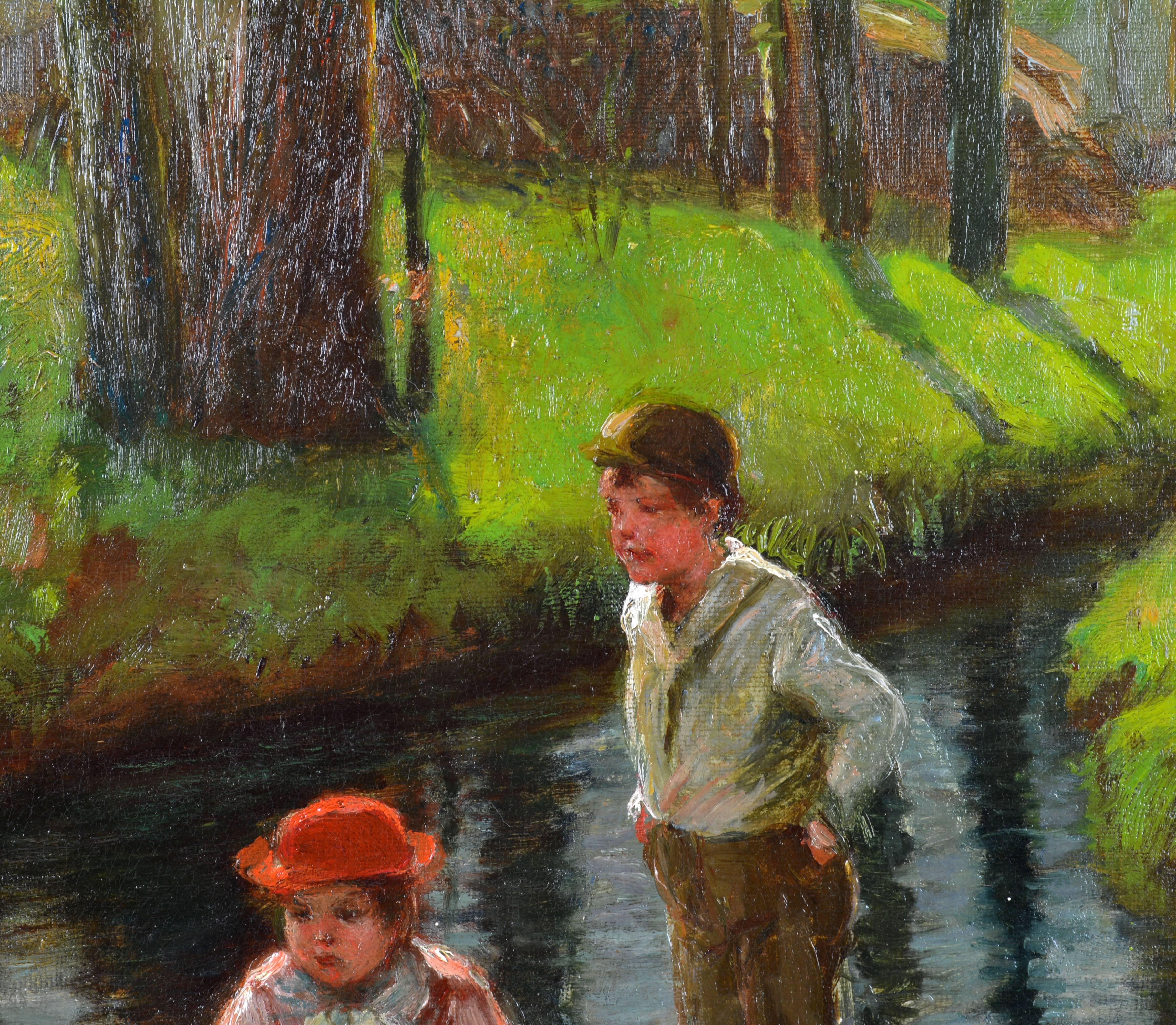 American 'Children by the Brook' a Charming Oil by Well Listed Henry Ihlefeld