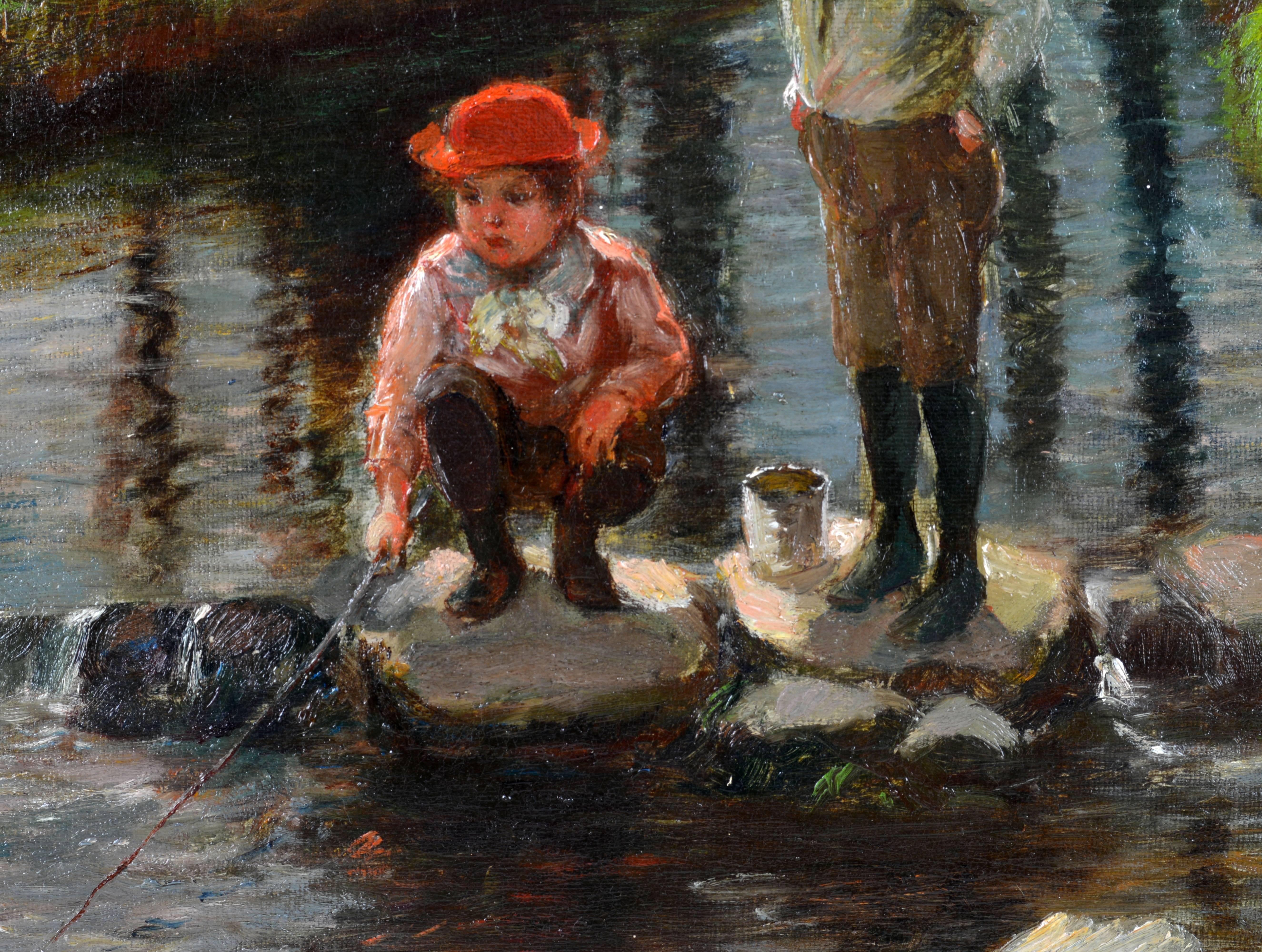 Painted 'Children by the Brook' a Charming Oil by Well Listed Henry Ihlefeld