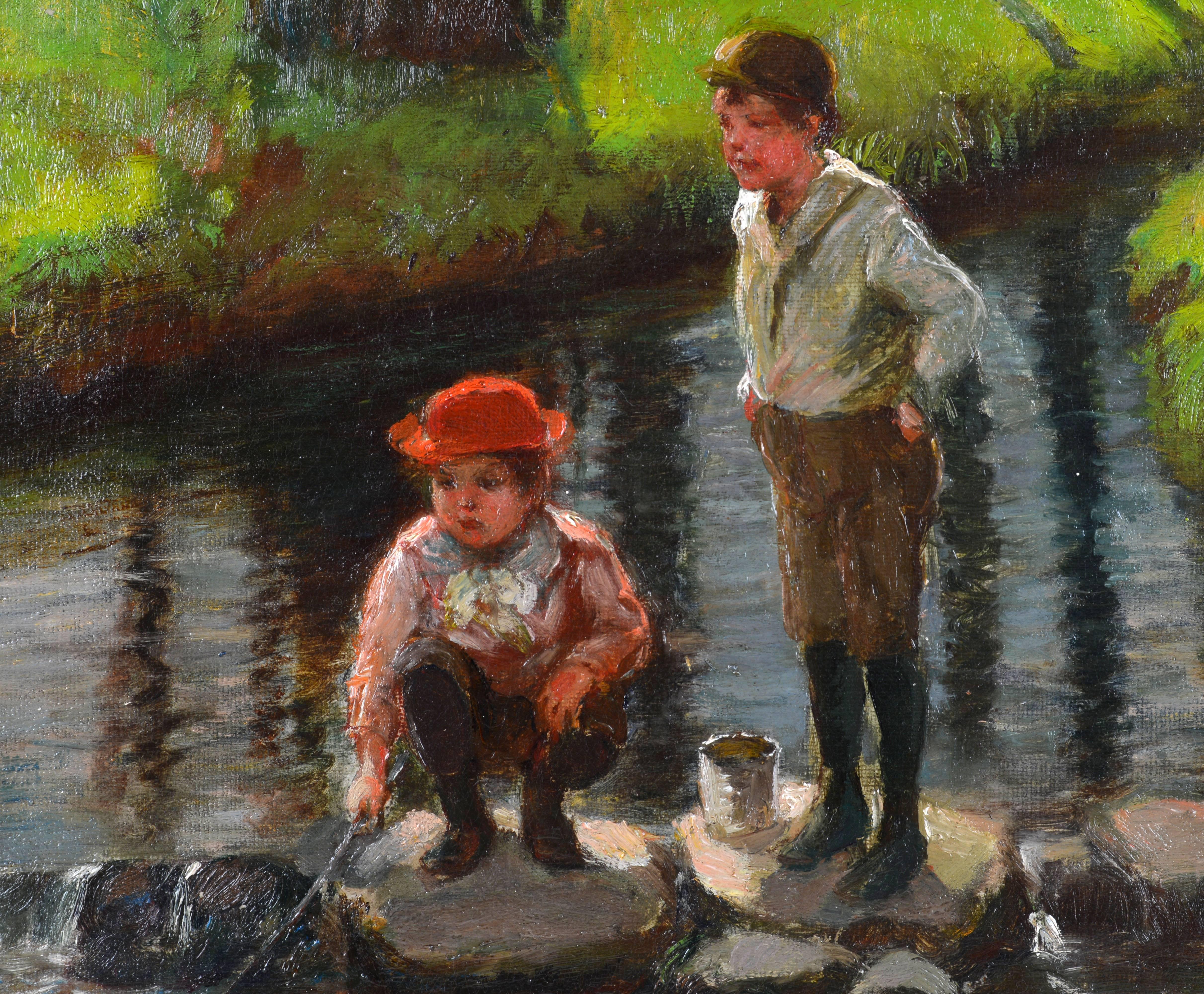 Victorian 'Children by the Brook' a Charming Oil by Well Listed Henry Ihlefeld