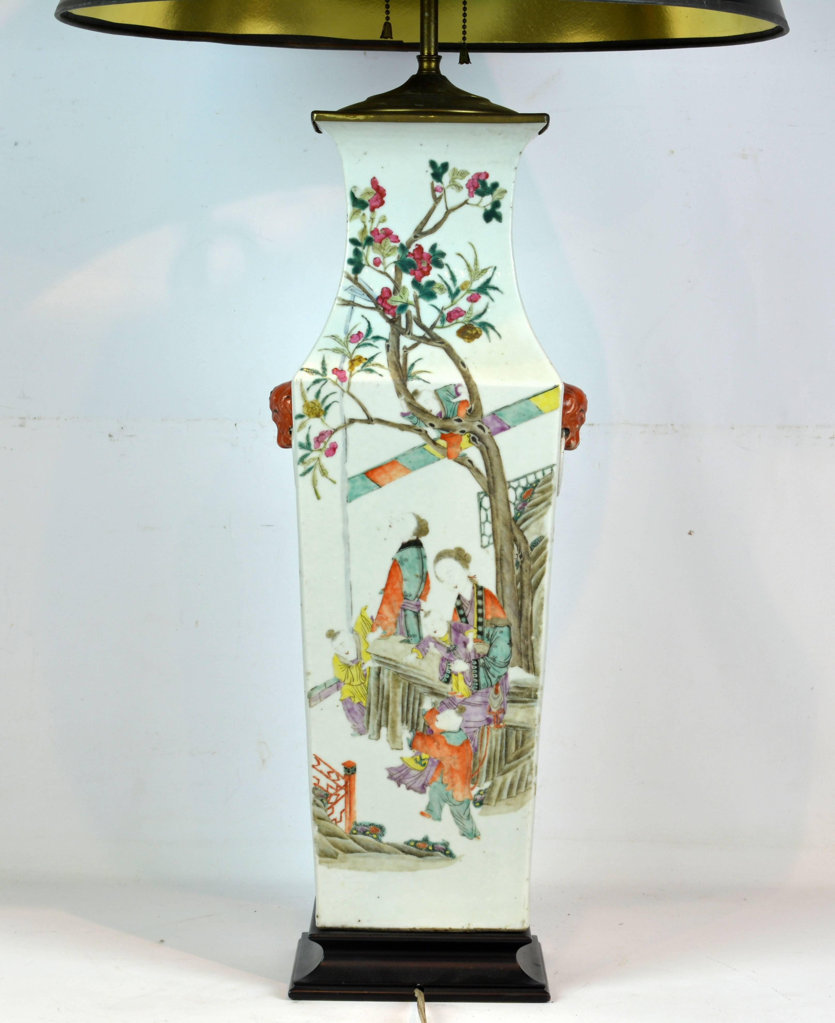 Qing Large Chinese 19th Century Square Famille Rose Porcelain Vase as Table Lamp