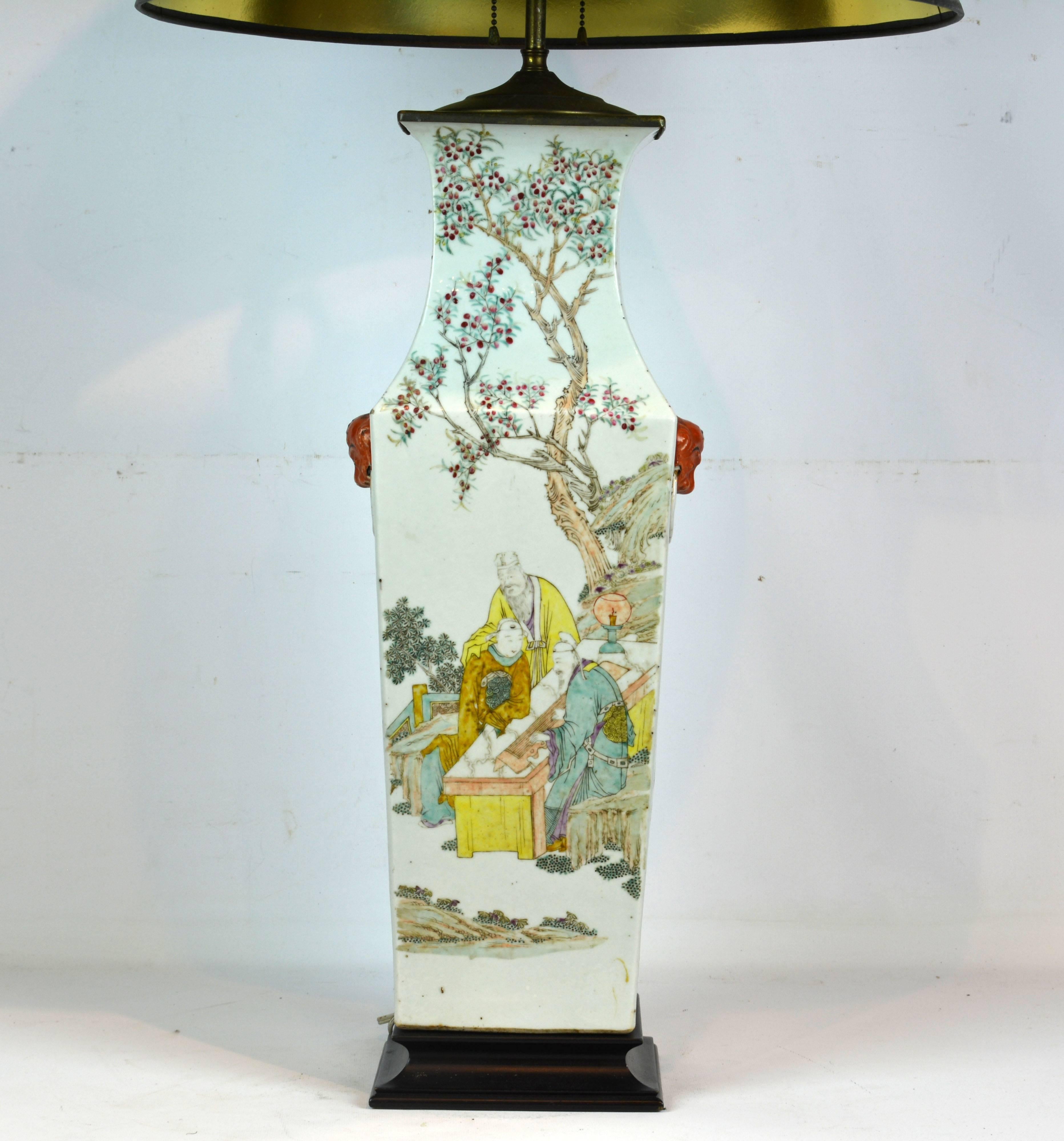 Large Chinese 19th Century Square Famille Rose Porcelain Vase as Table Lamp In Good Condition In Ft. Lauderdale, FL