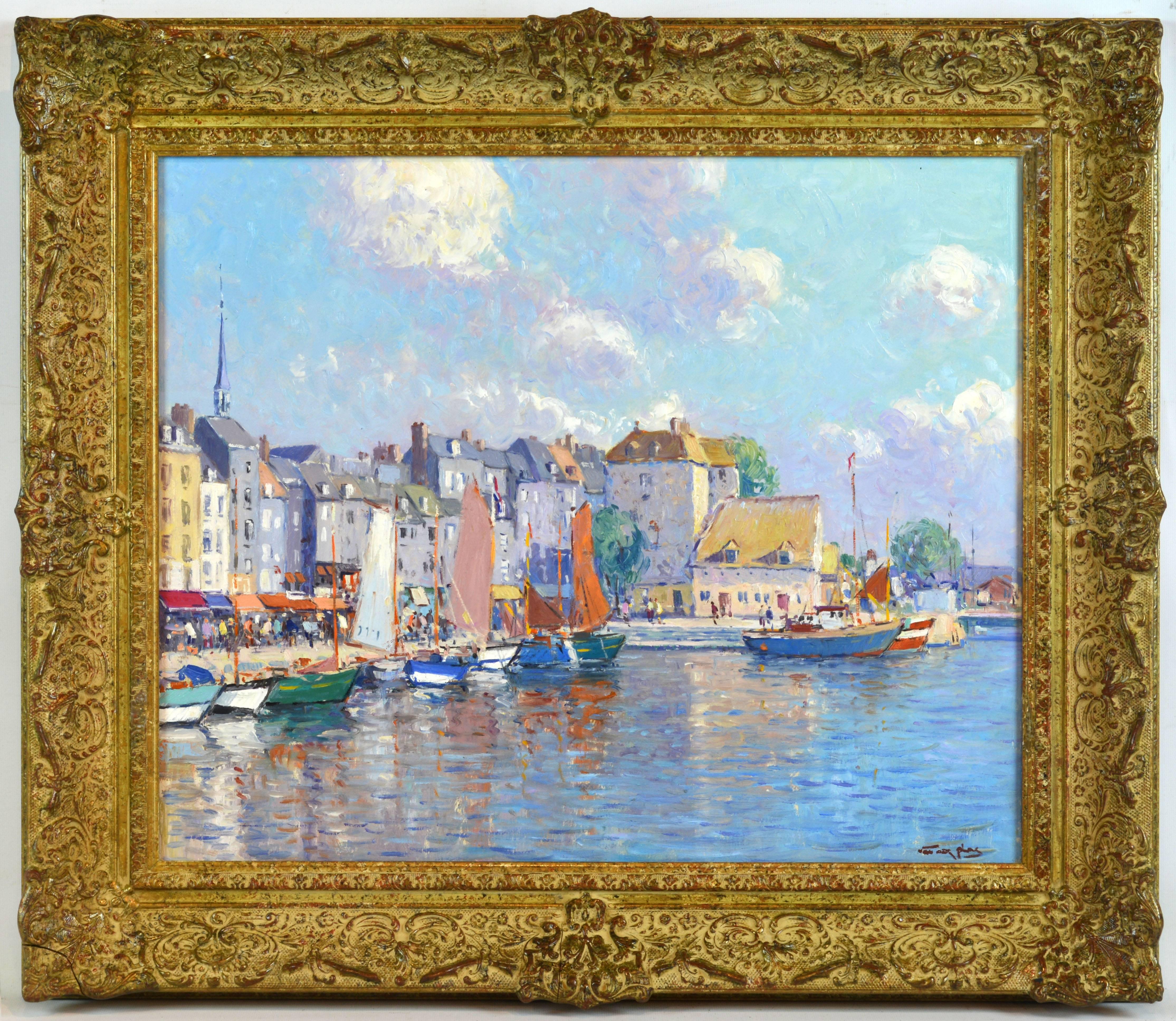 This fetching oil on panel by Niek van der Plas (b. 1954) depicts a harbor view in the French city of Honfleur in Normandy, well-known through decades as an artist's colony. It measures 18 x 22 in. without frame, 25 x 29 in. including the attractive