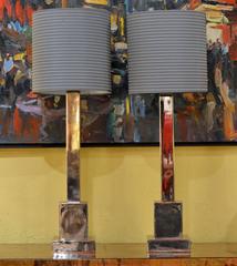 Mid-Century Modern Stepped Skyscraper Style Chrome Table Lamps and Shades, Pair