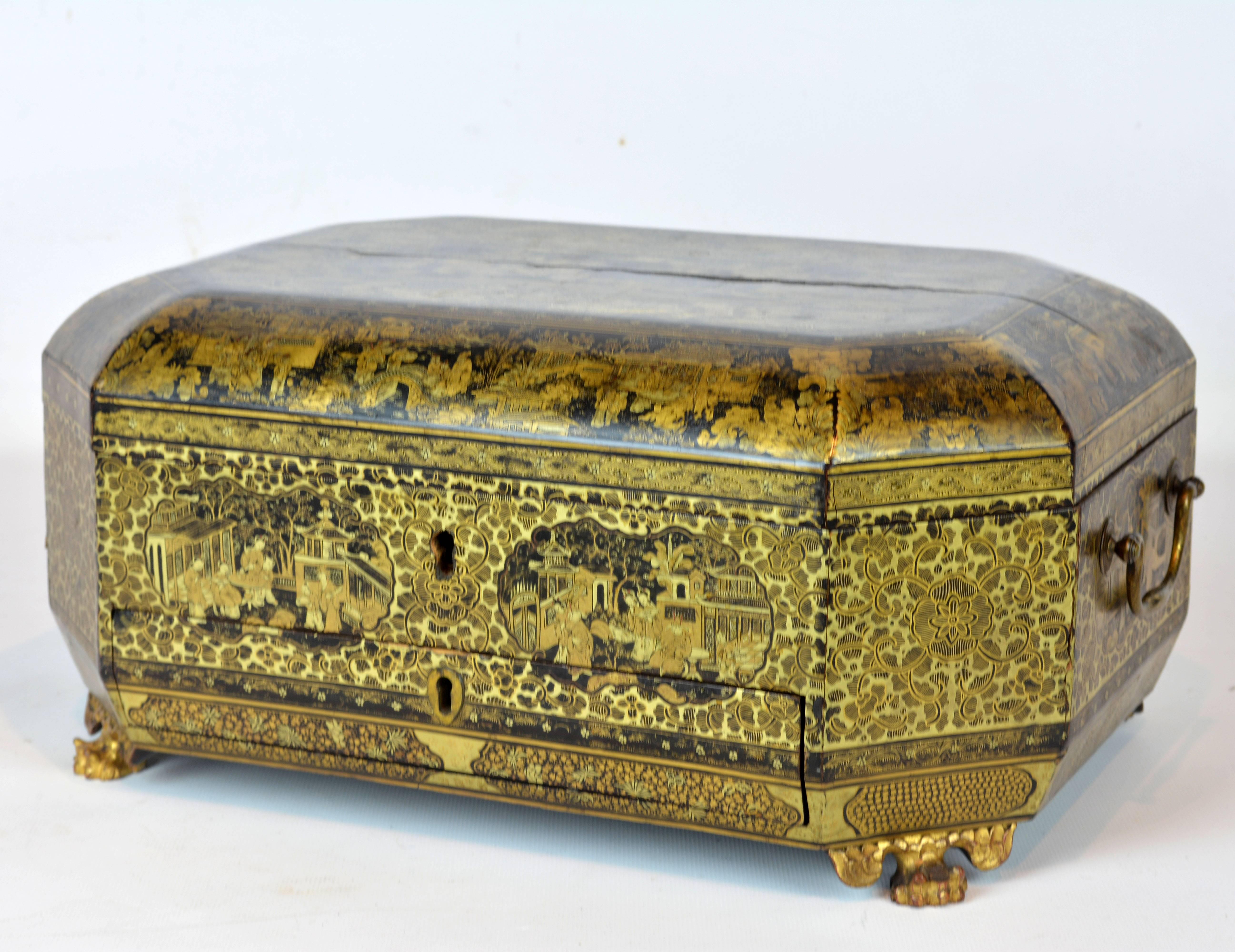This fine Chinese sewing box made for the western market features an oblong octagonal and rounded form with four carved feet; all sides are richly decorated with panels of figures, buildings, foliage and dragons. The interior has an inner tray,