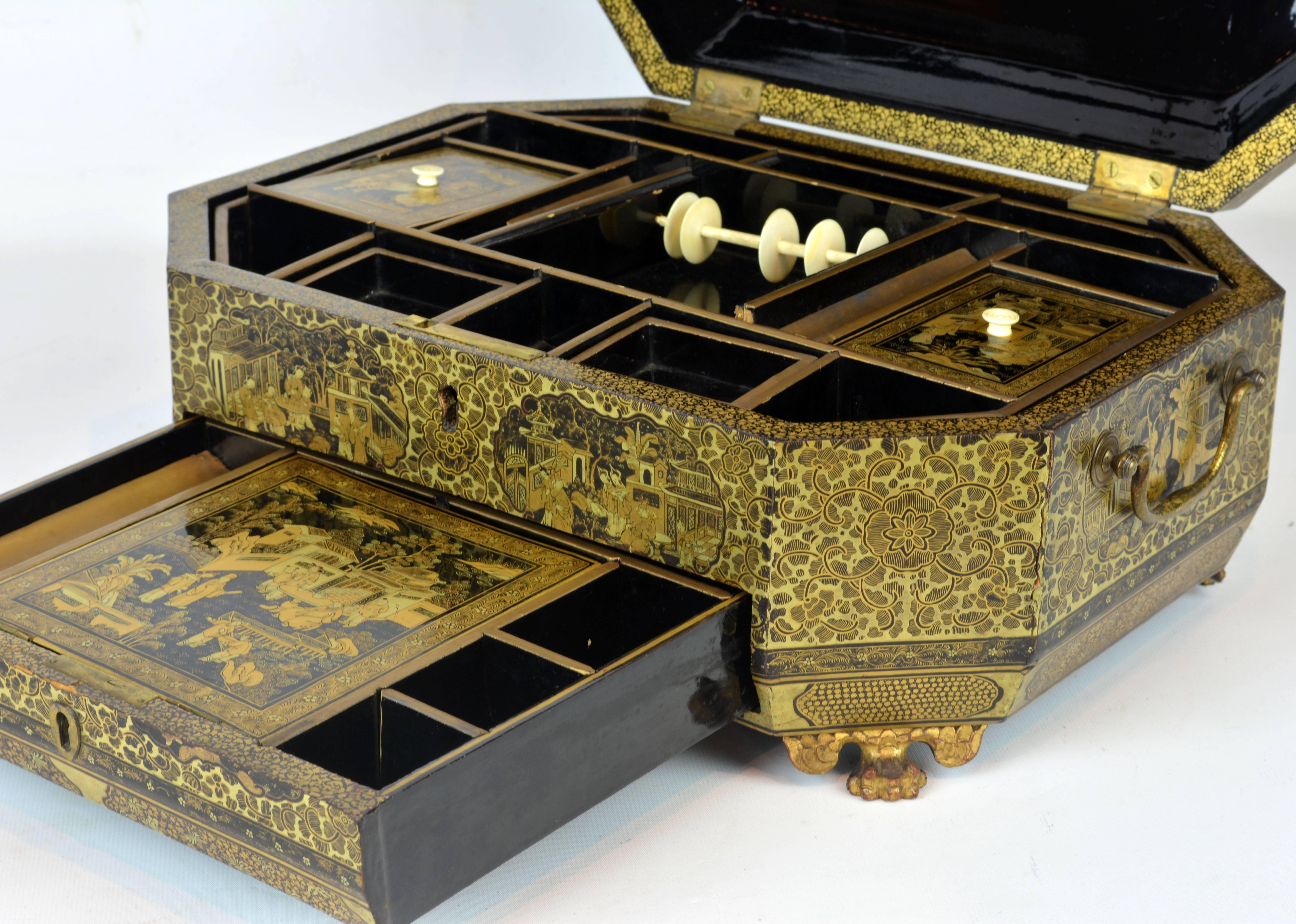 Wood 19th Century Chinese Export Richly Gilt Decorated Lacquer Sewing Box and Cover