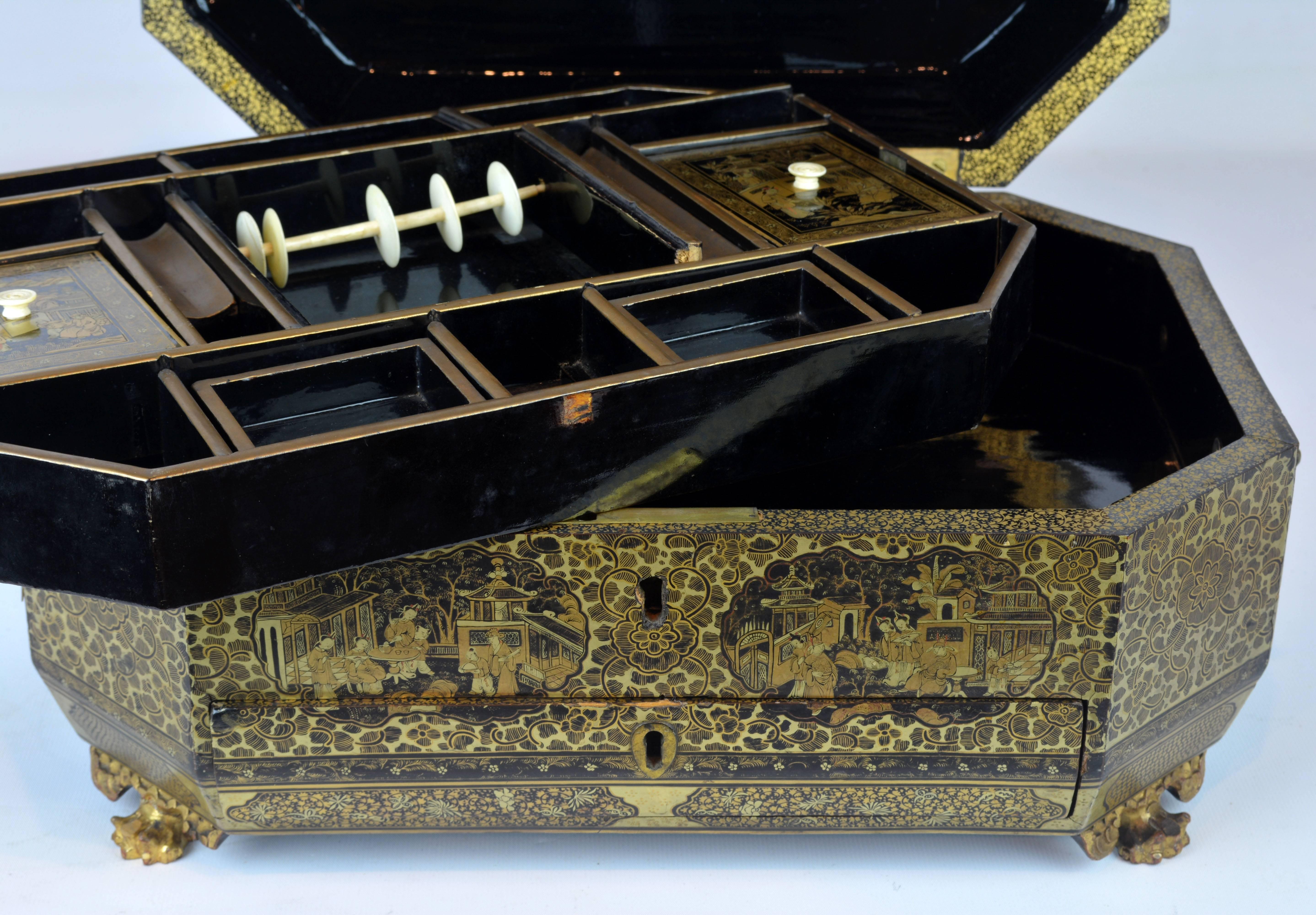 19th Century Chinese Export Richly Gilt Decorated Lacquer Sewing Box and Cover In Good Condition In Ft. Lauderdale, FL
