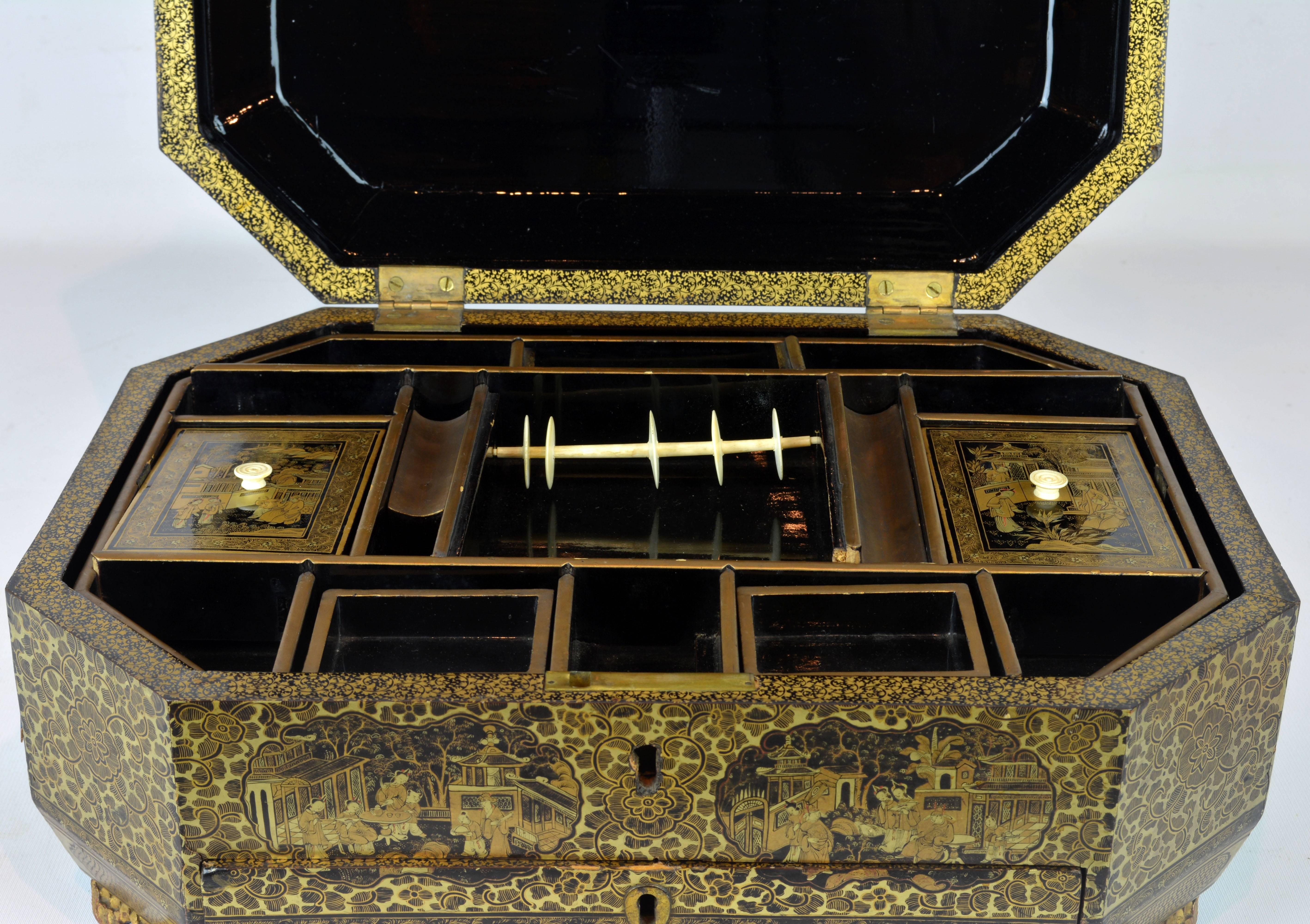 Lacquered 19th Century Chinese Export Richly Gilt Decorated Lacquer Sewing Box and Cover