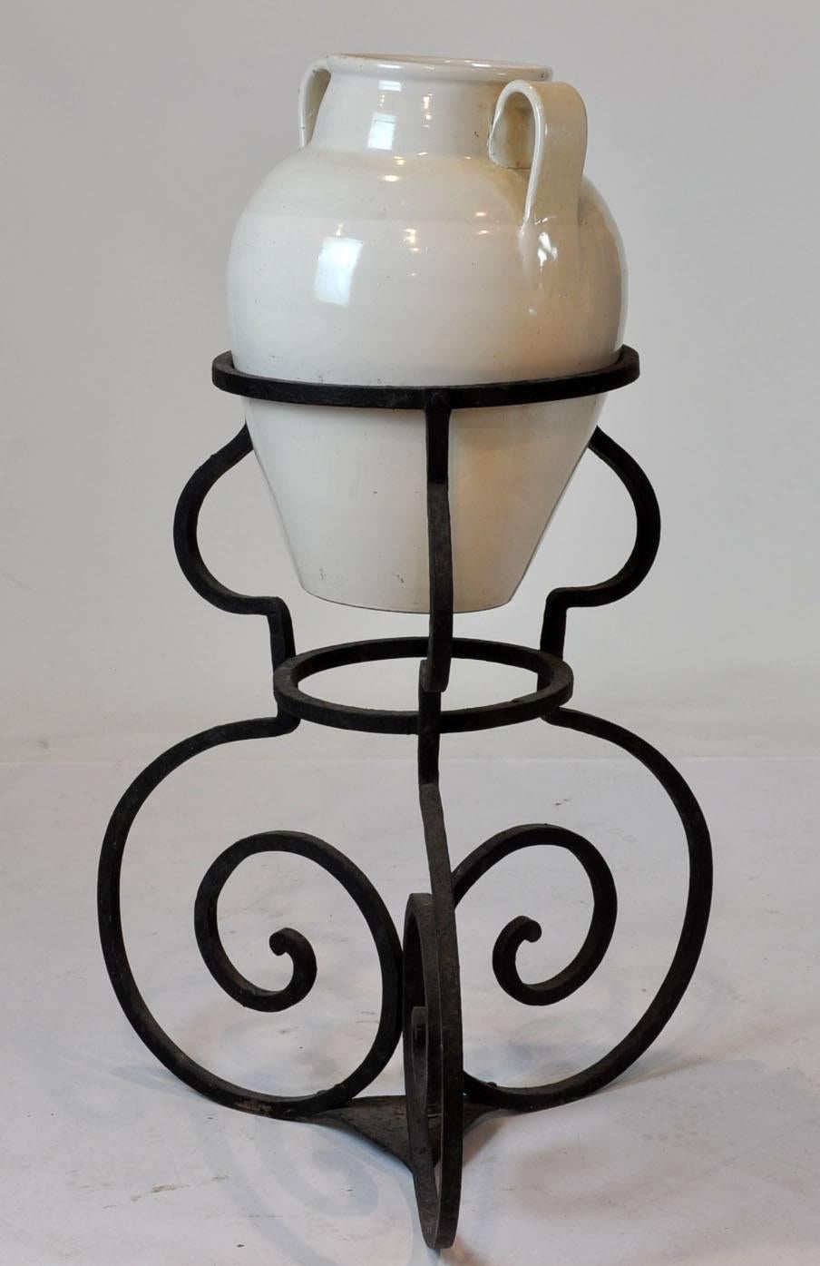 Pair of Wrought Iron Stands with Glazed Terracotta Jars 3