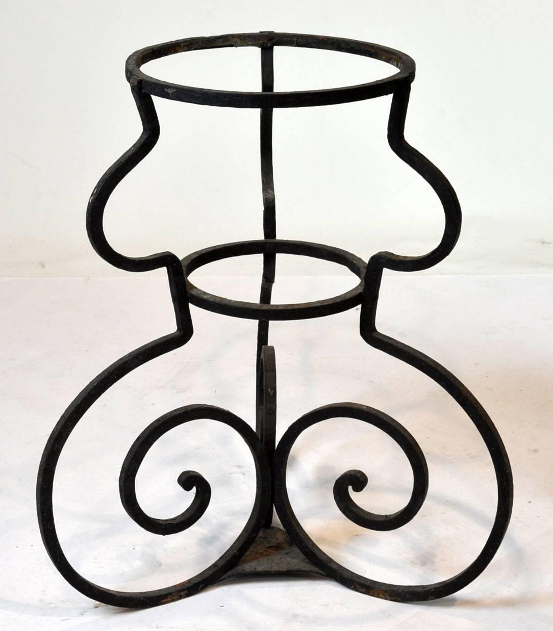 Italian Pair of Wrought Iron Stands with Glazed Terracotta Jars