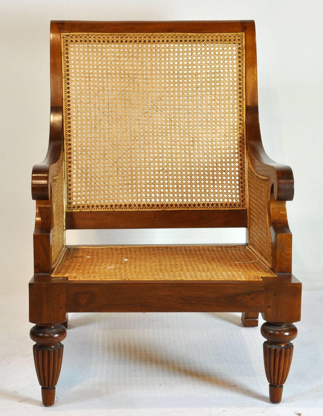 English British Colonial Imports Caned Leather Plantation Style Lounge Chair and Ottoman