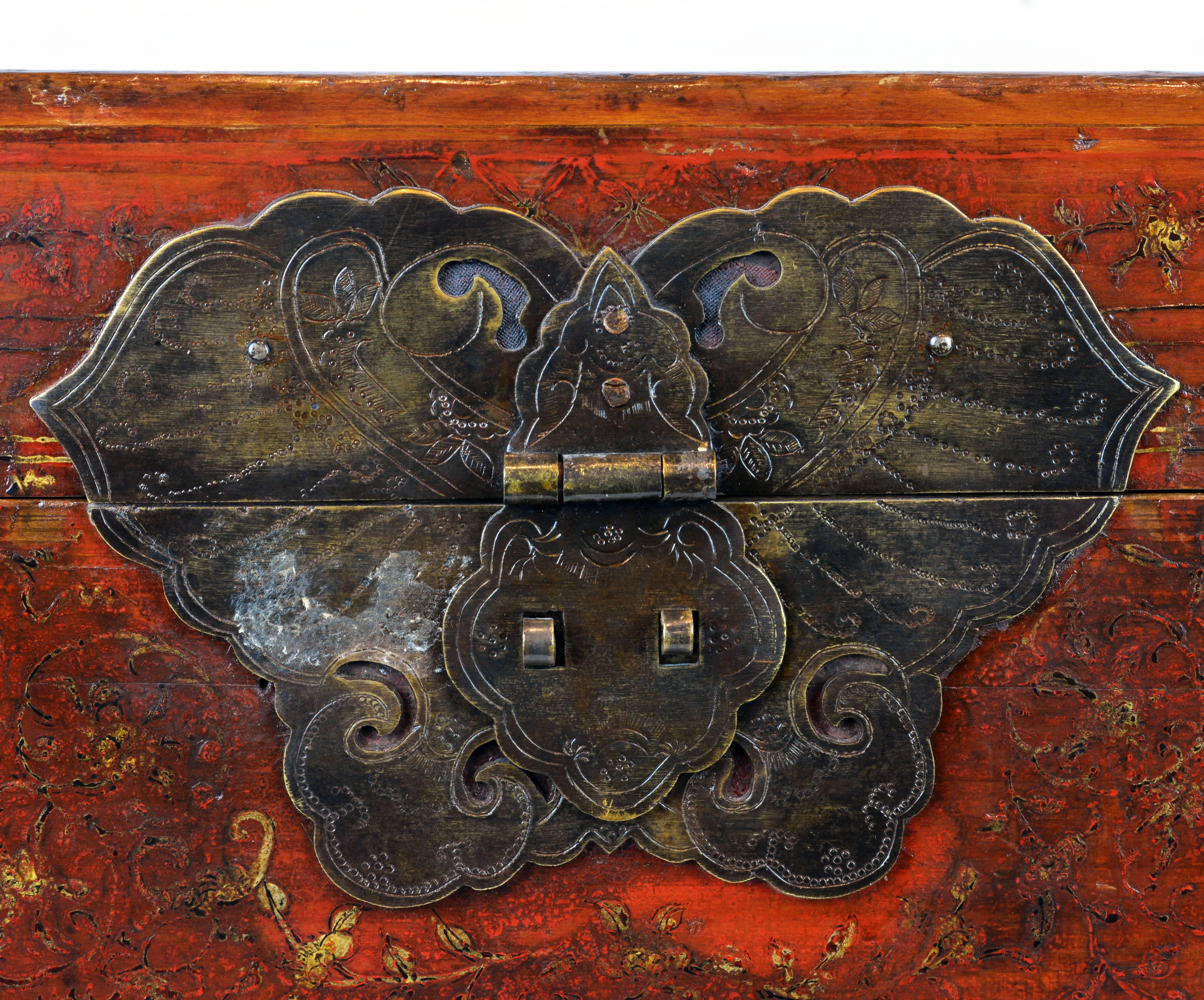 Large 19th Century Chinese Wood and Red Lacquer Storage Chest or Trunk 1