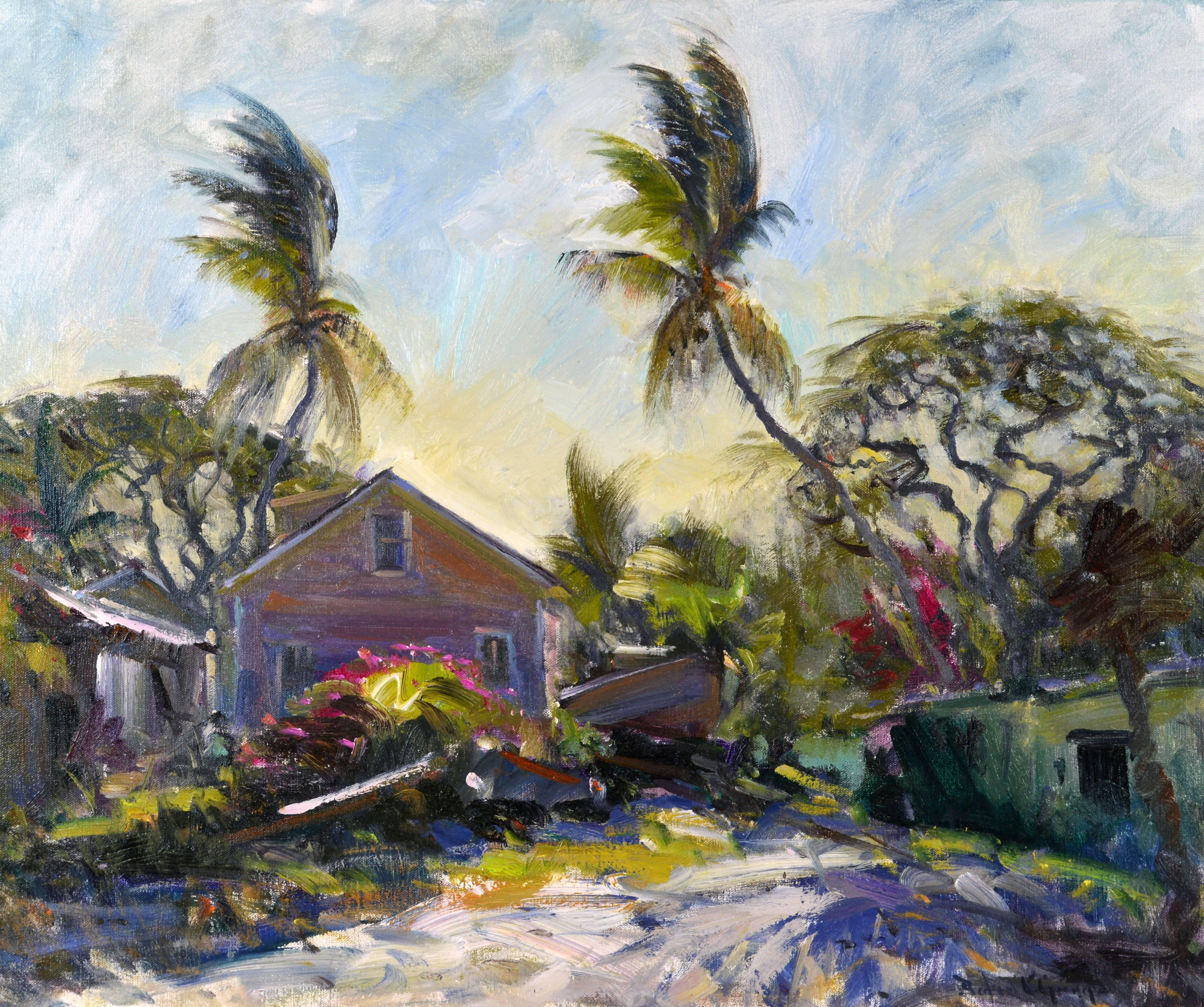 In this vibrant 25 x 30 in. oil on canvas by legendary Robert C, Gruppe, American B. 1944, again discovers the beauty of views mostly hidden for others capturing with light and color a Florida that may soon be history. Signed on the front and titled