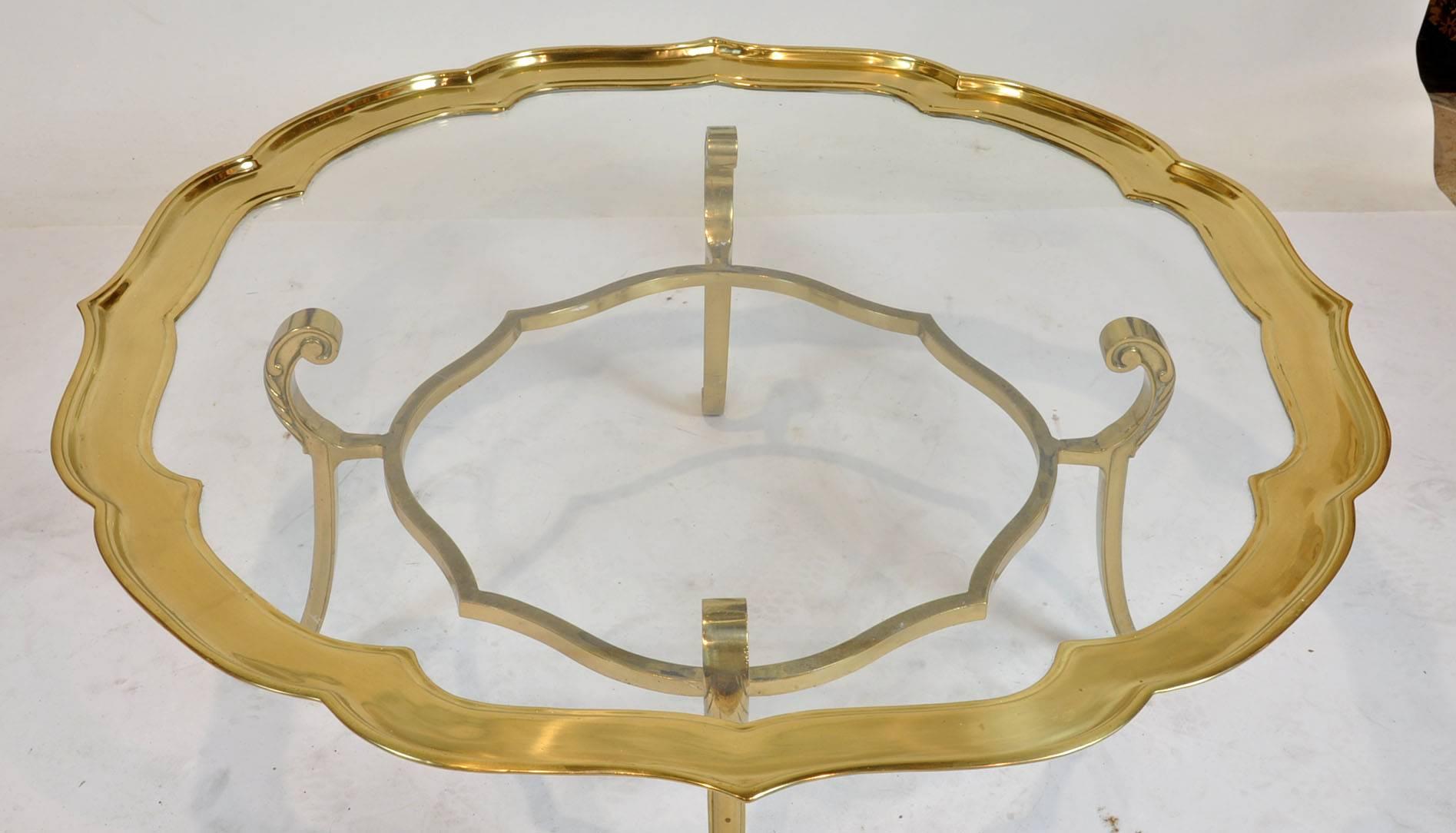 Hollywood Regency Vintage Mid-Century Scalloped Glass Top Brass Coffee Table with Scrolled Legs