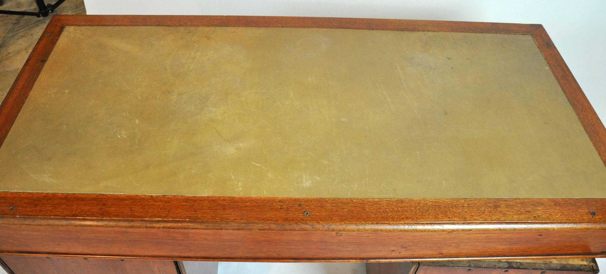 19th Century English Campaign Pedestal Kneehole Desk with Leather Top
