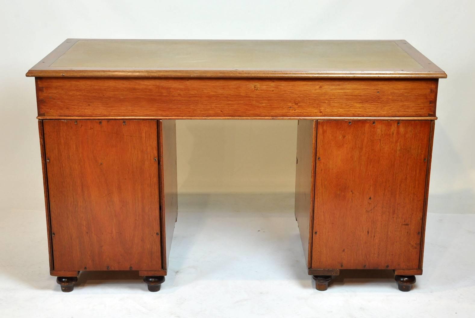 Mahogany English Campaign Pedestal Kneehole Desk with Leather Top