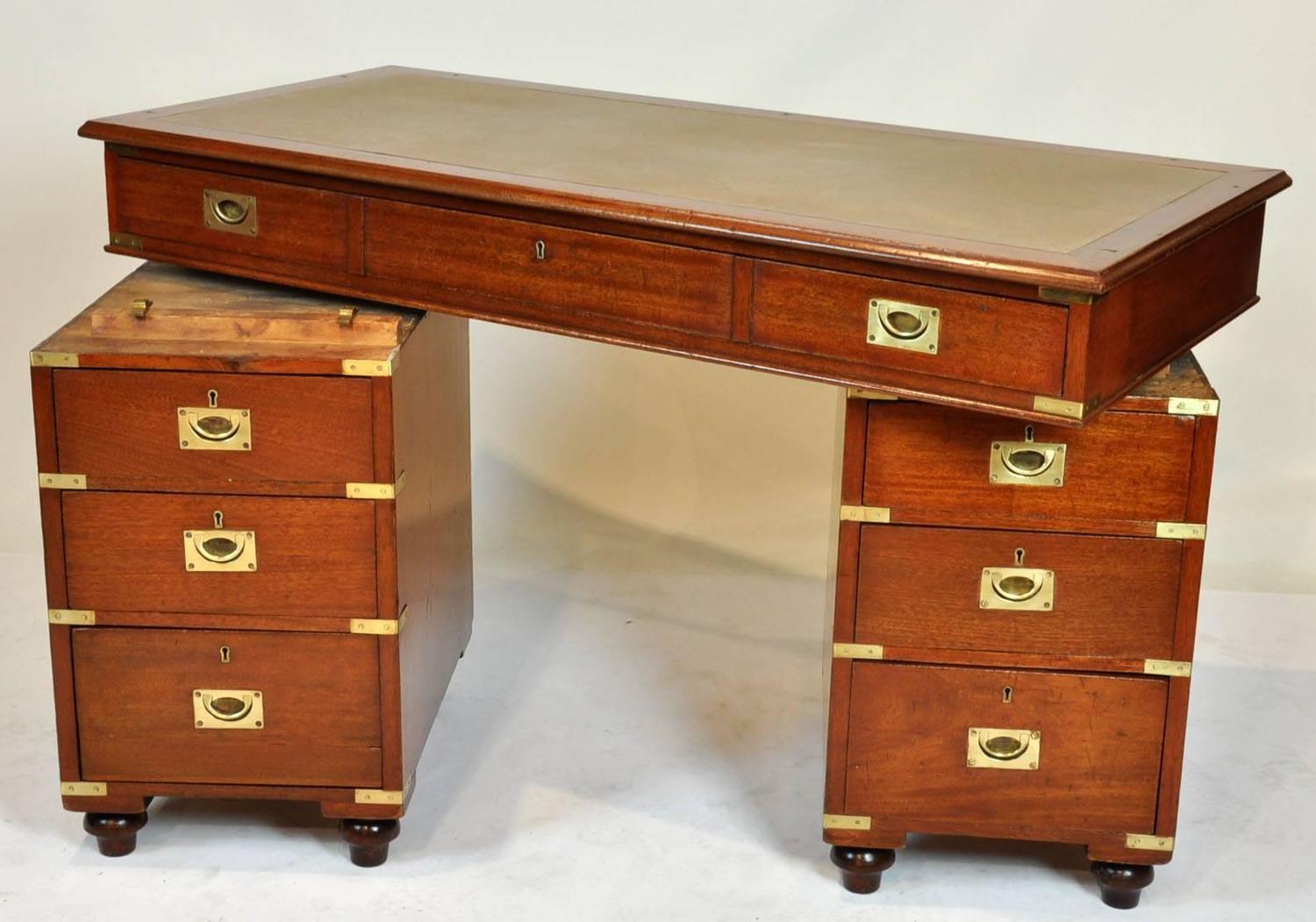 English Campaign Pedestal Kneehole Desk with Leather Top For Sale at