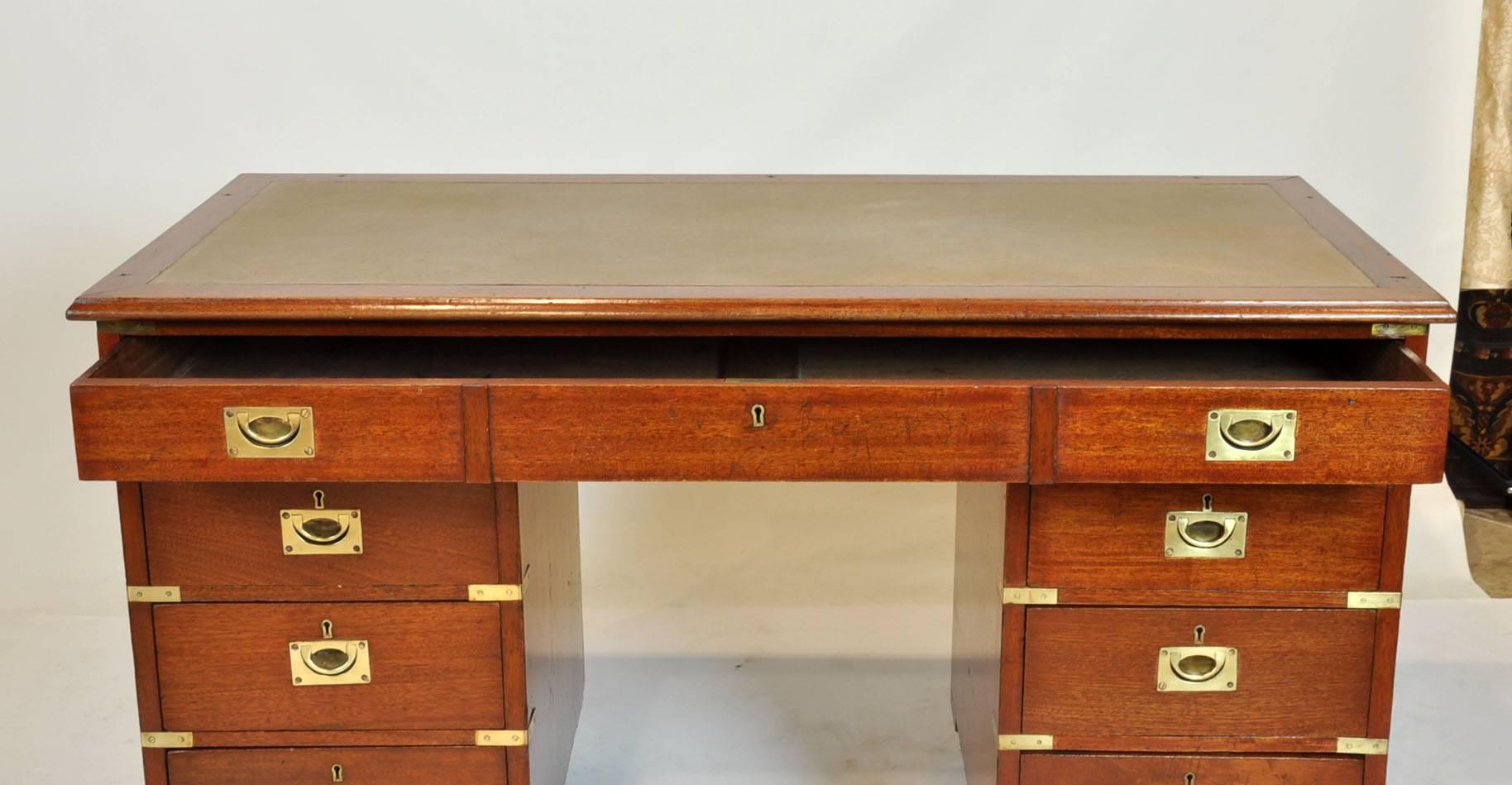 English Campaign Pedestal Kneehole Desk with Leather Top In Good Condition In Ft. Lauderdale, FL