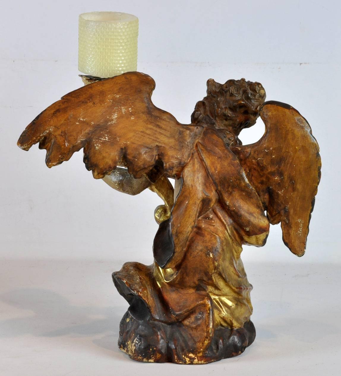 Pair of Italian Late 18th Century Carved Wood Putti / Angels Candleholders In Good Condition In Ft. Lauderdale, FL