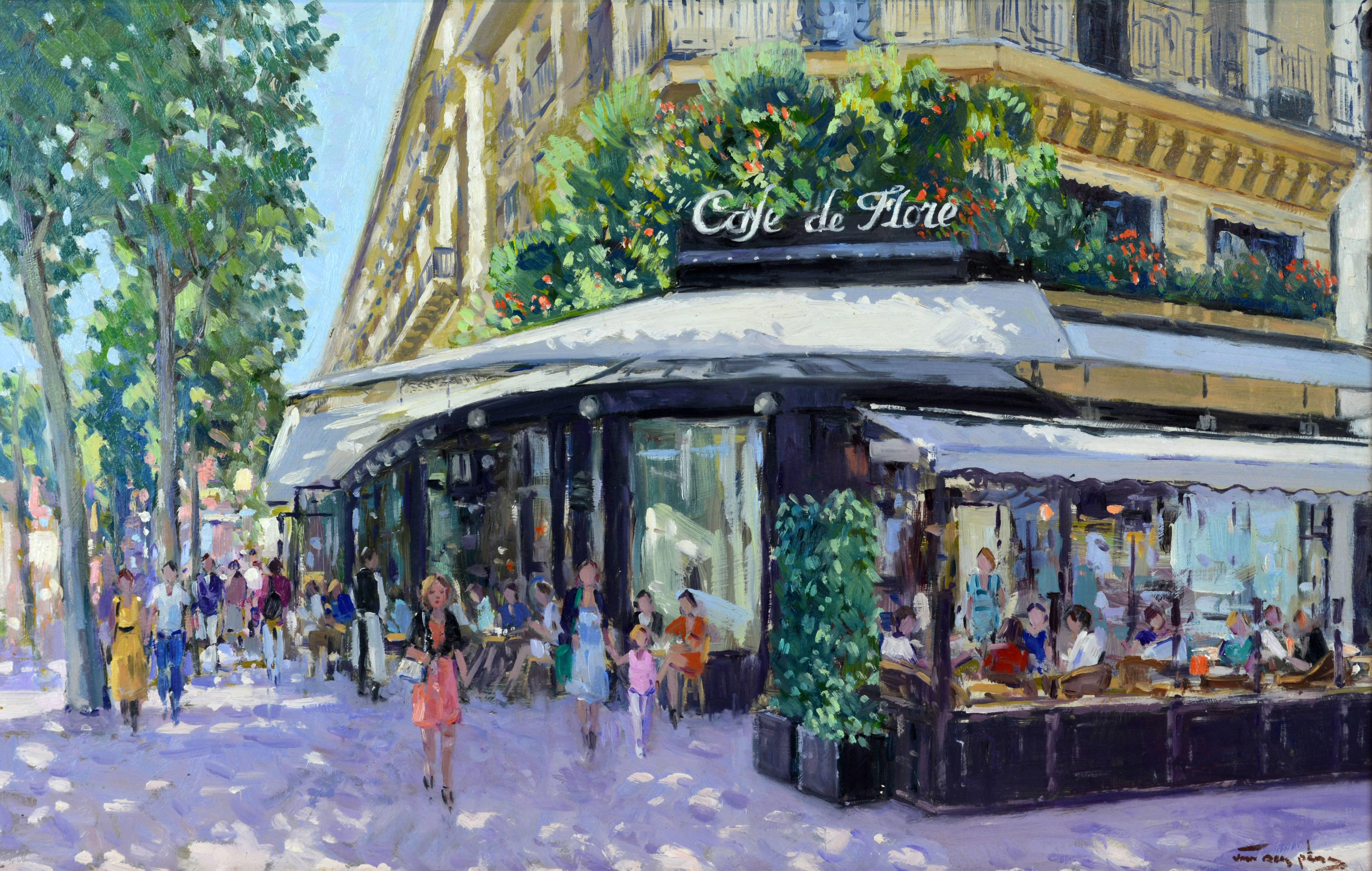 This vibrant oil on panel by Niek van der Plas (b. 1954) depicts Cafe de Flore by Saint-Germaine-des-Pres in Paris, well-known through decades for its famous intellectual clientele.. It measures 13.5 x 21.5 in. without frame, 20 x 28 in. including