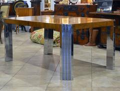 Chrome and Burl Olivewood Milo Baughman for Pace Dining Table, Two Leaves