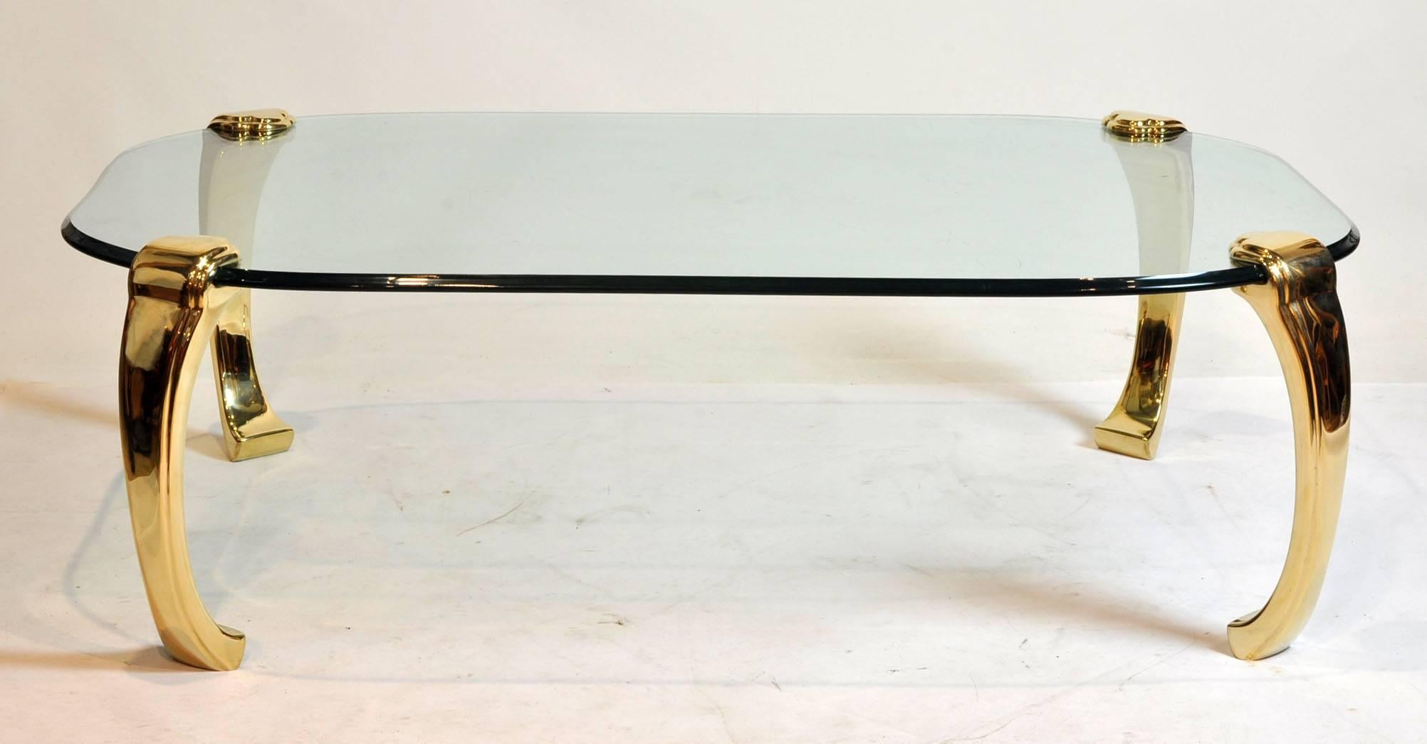 Mid-Century Modern Ming Inspired Hollywood Regency Glass and Brass Coffee Table In Good Condition In Ft. Lauderdale, FL