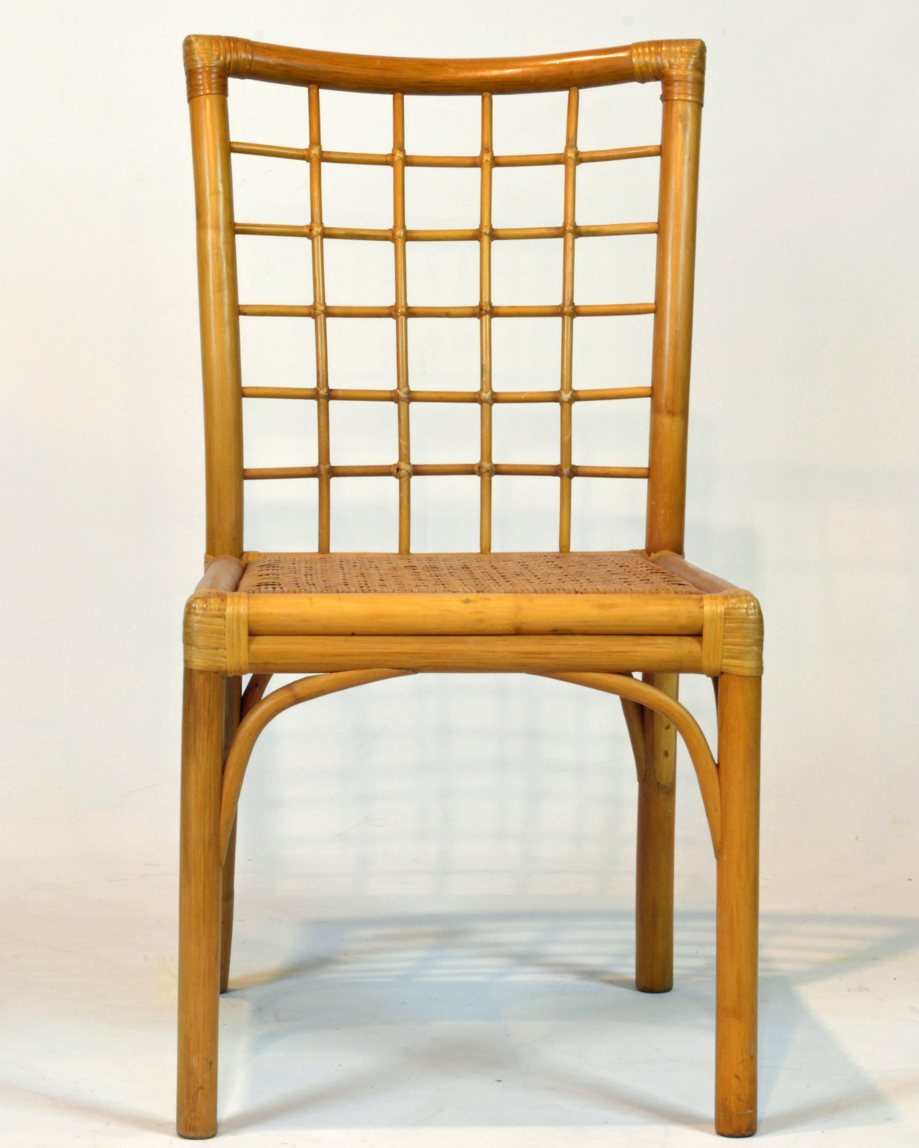 20th Century Set of Eight Modern Chinoiserie Chippendale Inspired Bamboo Rattan Dining Chairs