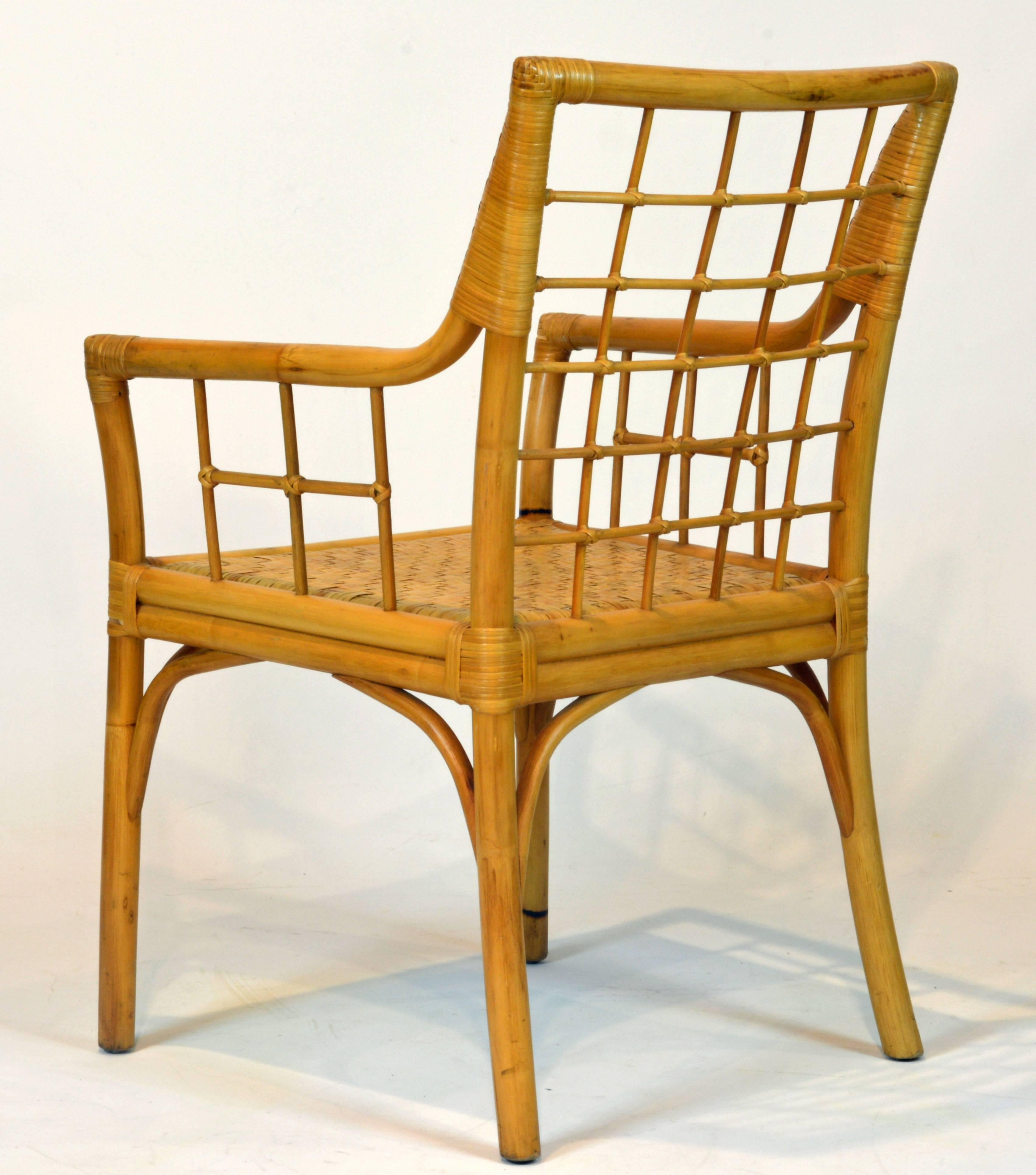Asian Set of Eight Modern Chinoiserie Chippendale Inspired Bamboo Rattan Dining Chairs