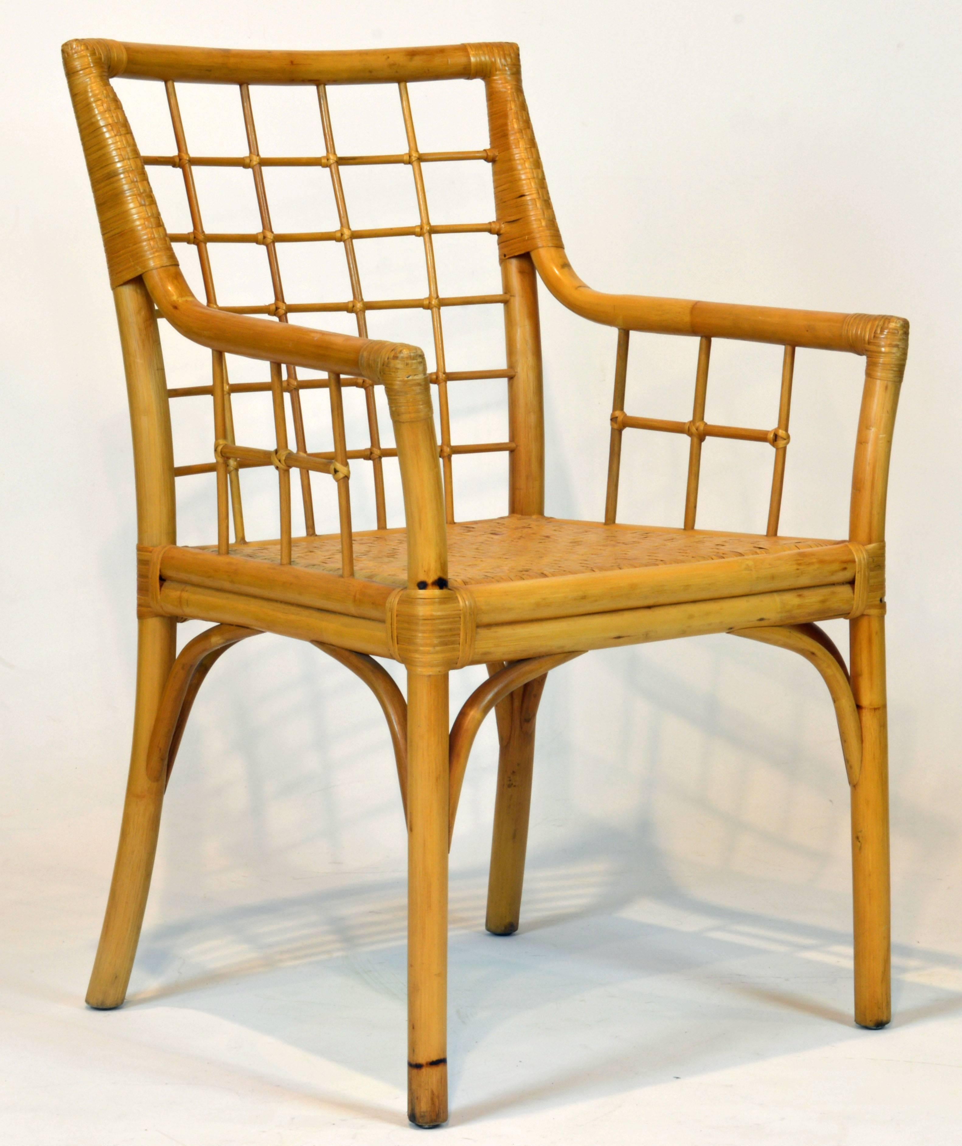 Woven Set of Eight Modern Chinoiserie Chippendale Inspired Bamboo Rattan Dining Chairs