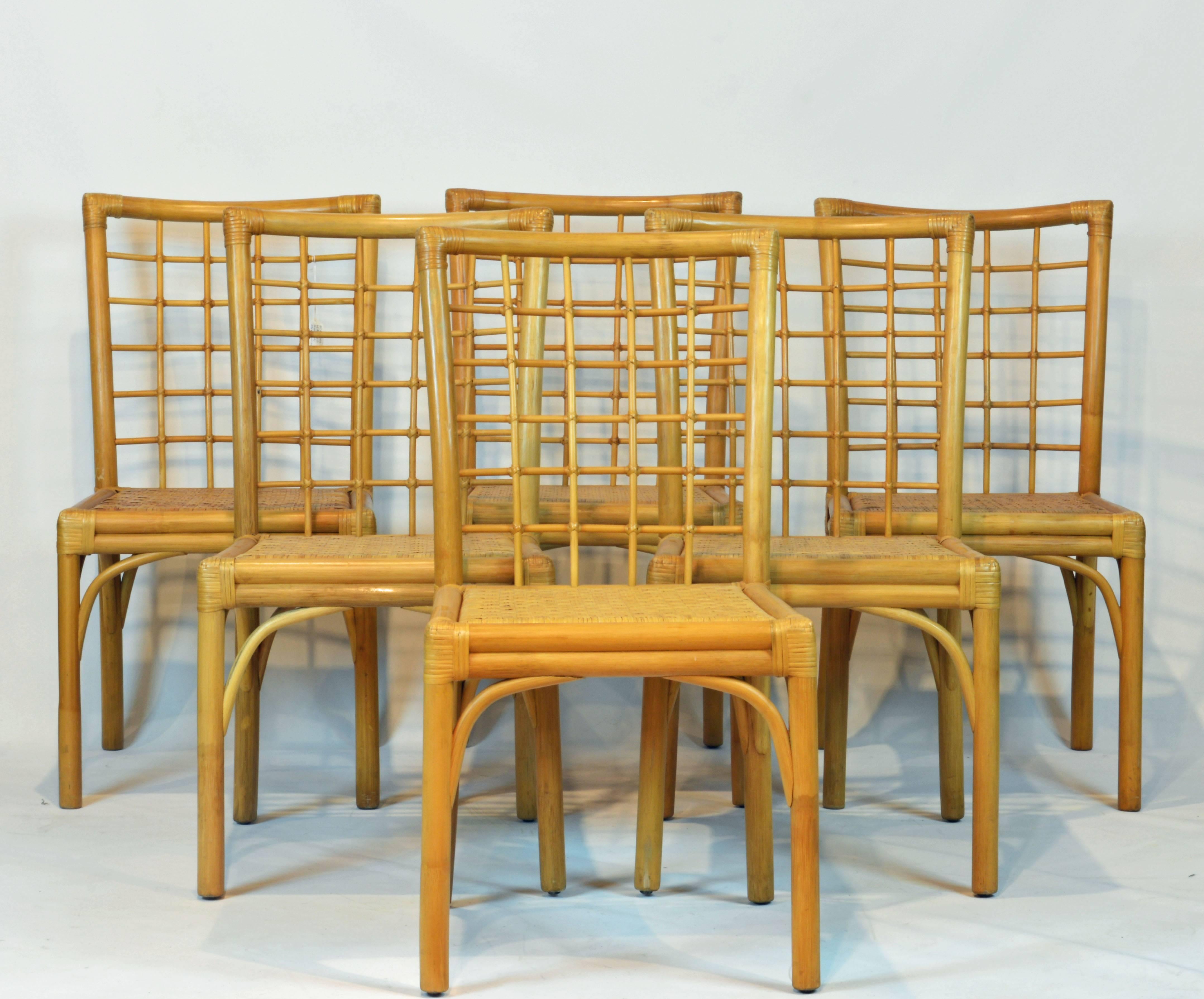 Based on a modernized Chinoiserie Chippendale design concept these chairs make a bright contemporary tropical impression. Gently used, all the chairs are in excellent condition.