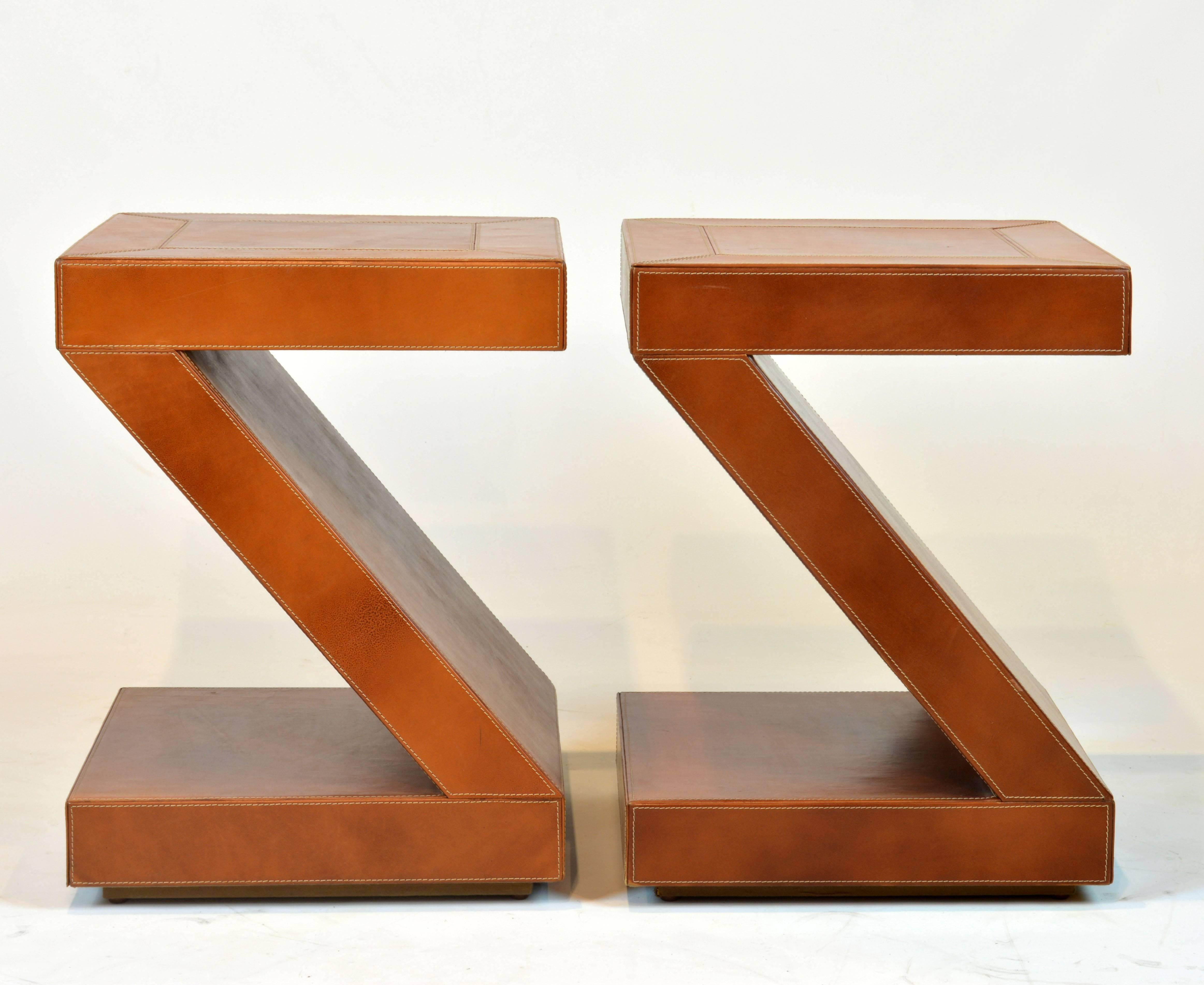 20th Century Pair of Vintage Sharp Modern Design Leather Clad Z-Themed Side or End Tables