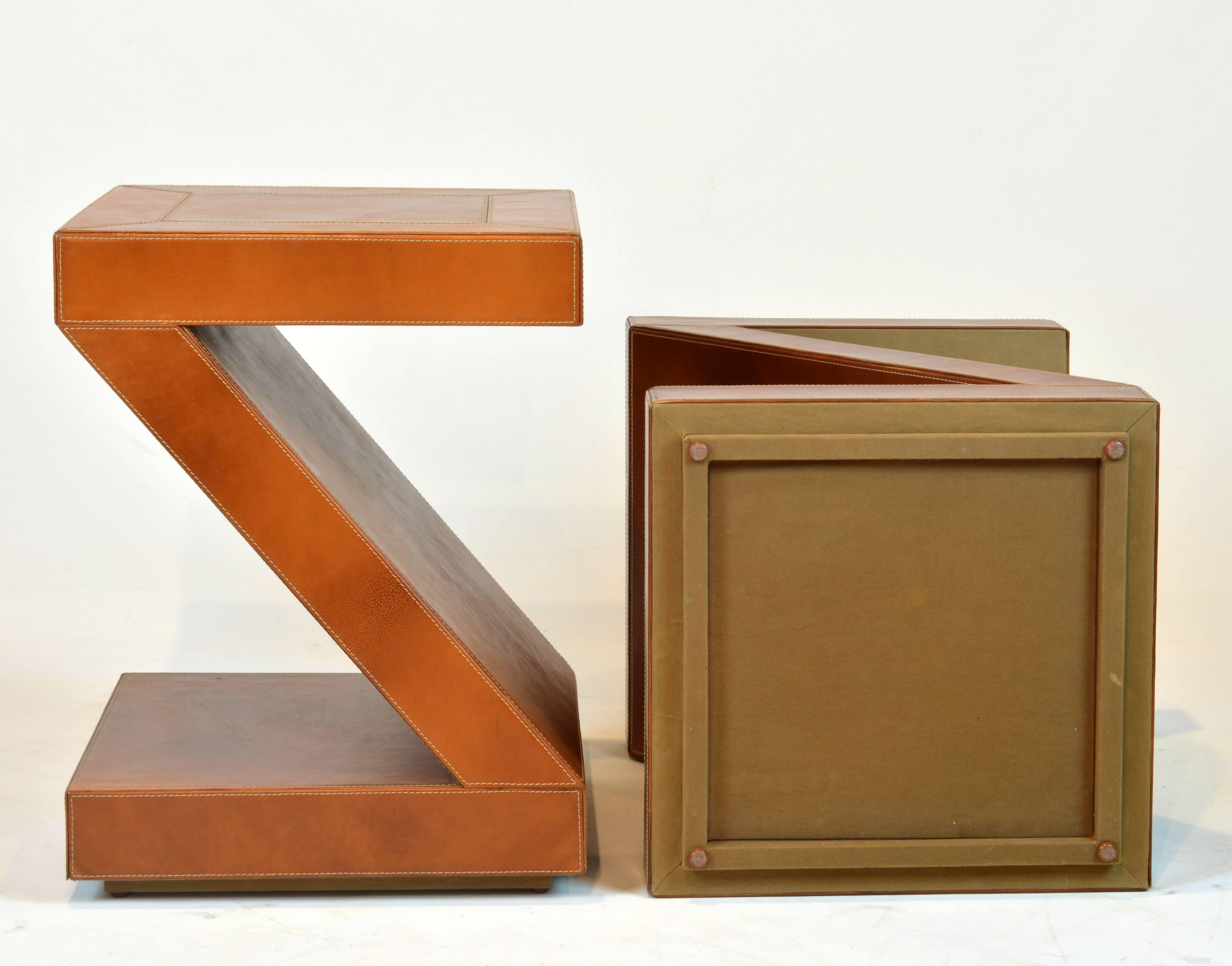 Pair of Vintage Sharp Modern Design Leather Clad Z-Themed Side or End Tables 1