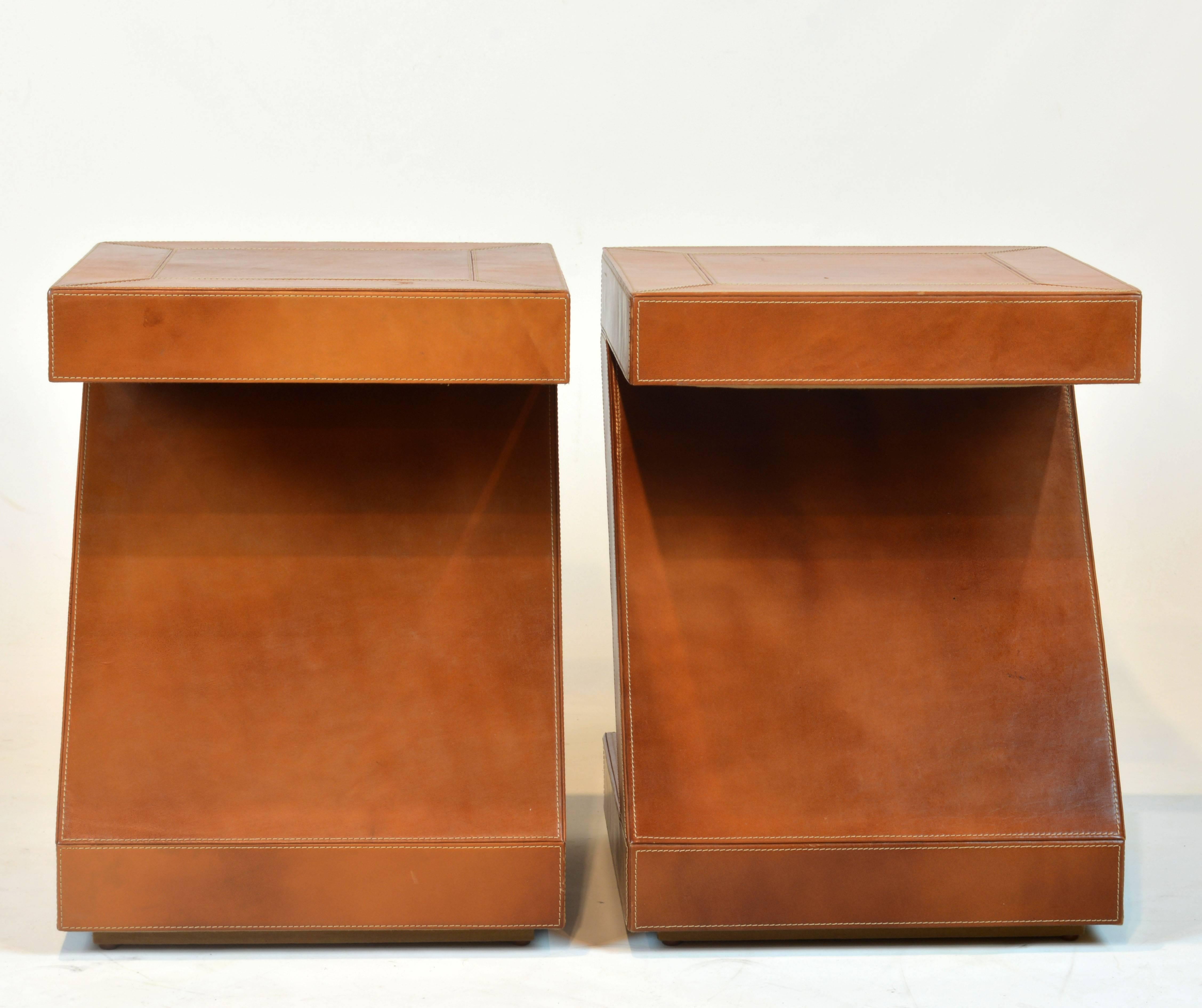 Pair of Vintage Sharp Modern Design Leather Clad Z-Themed Side or End Tables In Good Condition In Ft. Lauderdale, FL