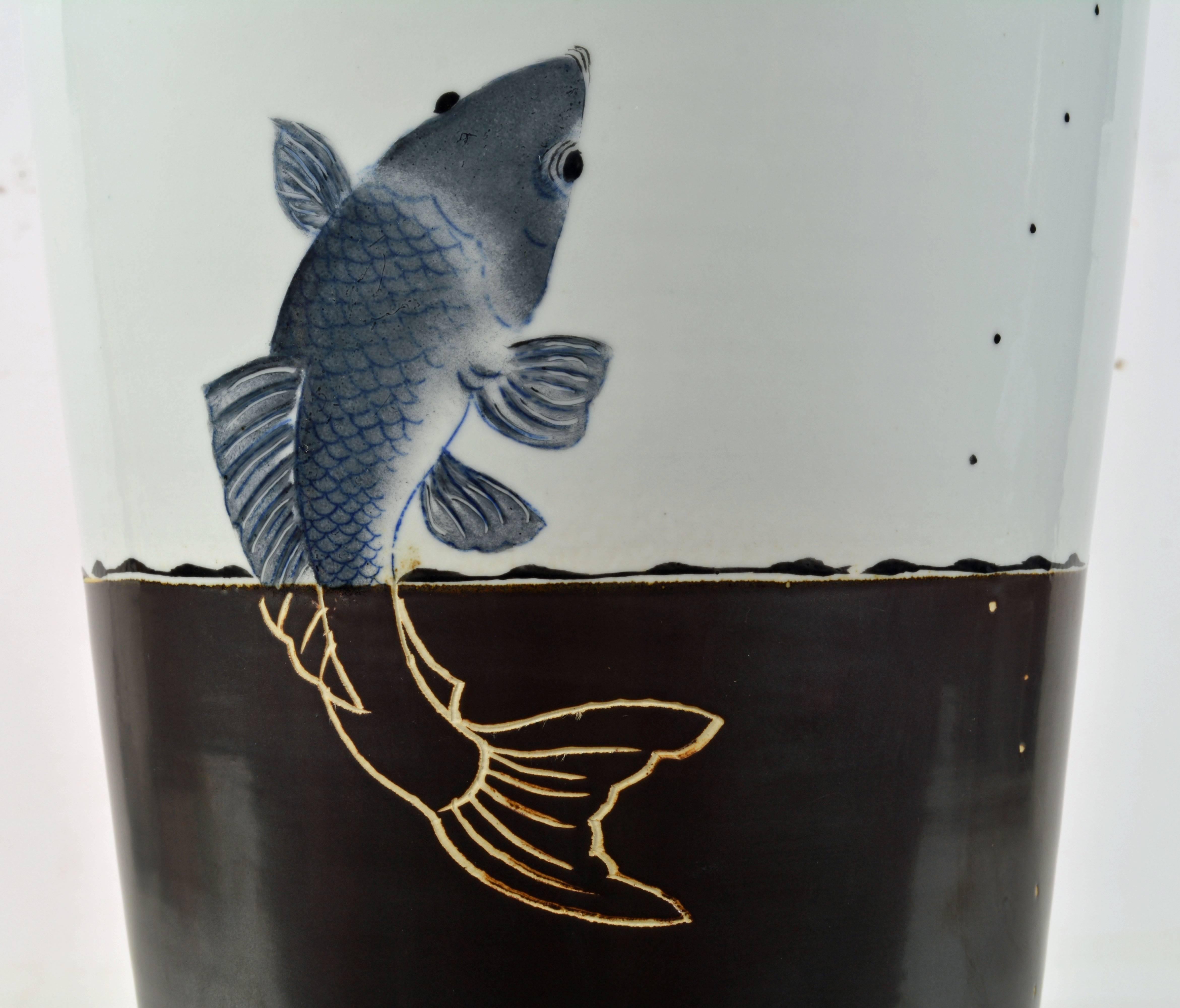 French Huge and Elegant Fabienne Jouvin, Paris Zen Inspired Covered Jar with Koi Fish