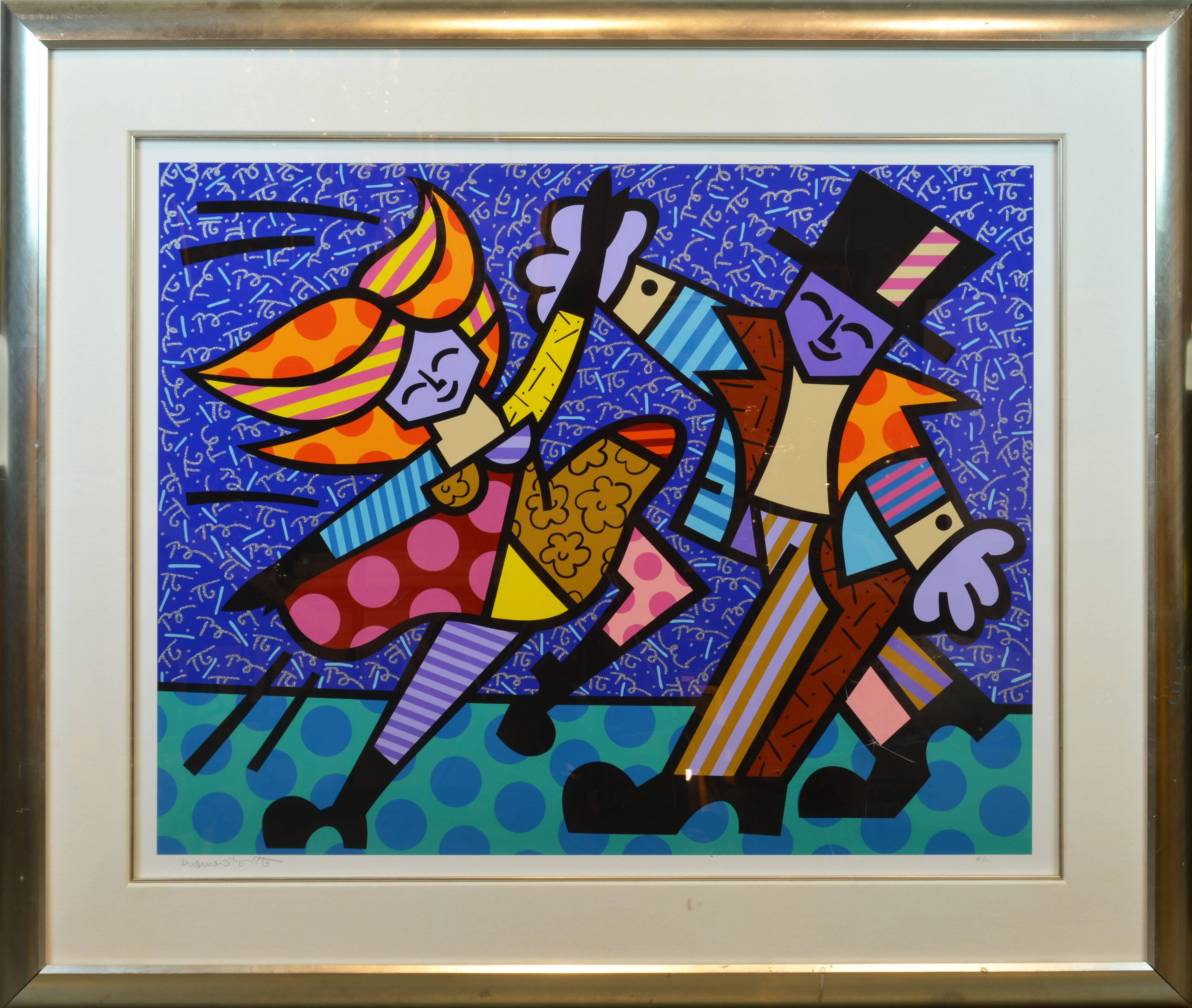 A rare vintage serigraph by Romero Britto 'Dancing Couple' signed by the artist in pencil and annotated H. C. (hors commerce, usually an extension of a limited edition). Romero Britto blind-stamp lower left margin. This image is also hand