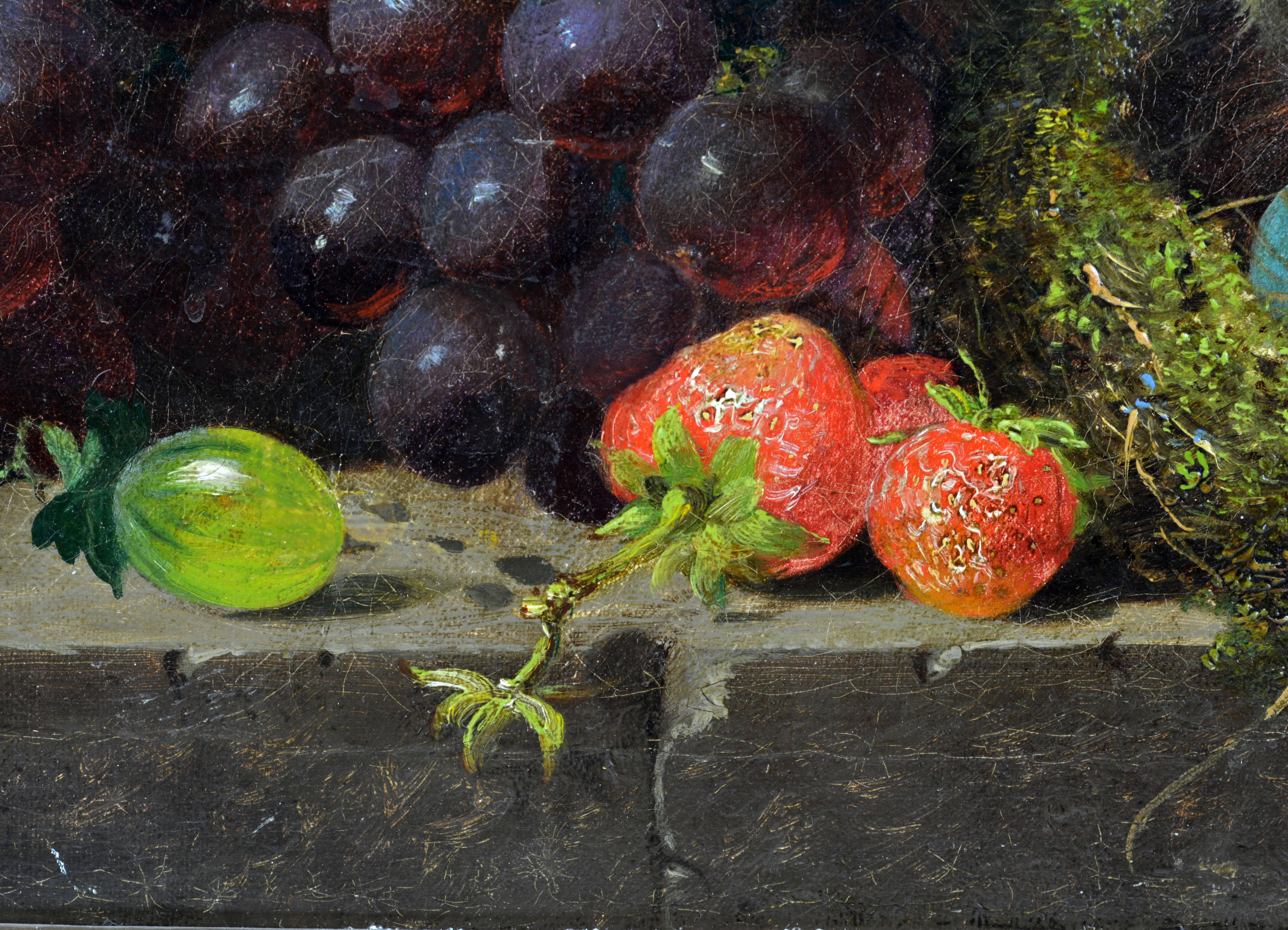 English 19th Century Still Life with Grapes, Strawberries Jar and a Birds Nest with Eggs