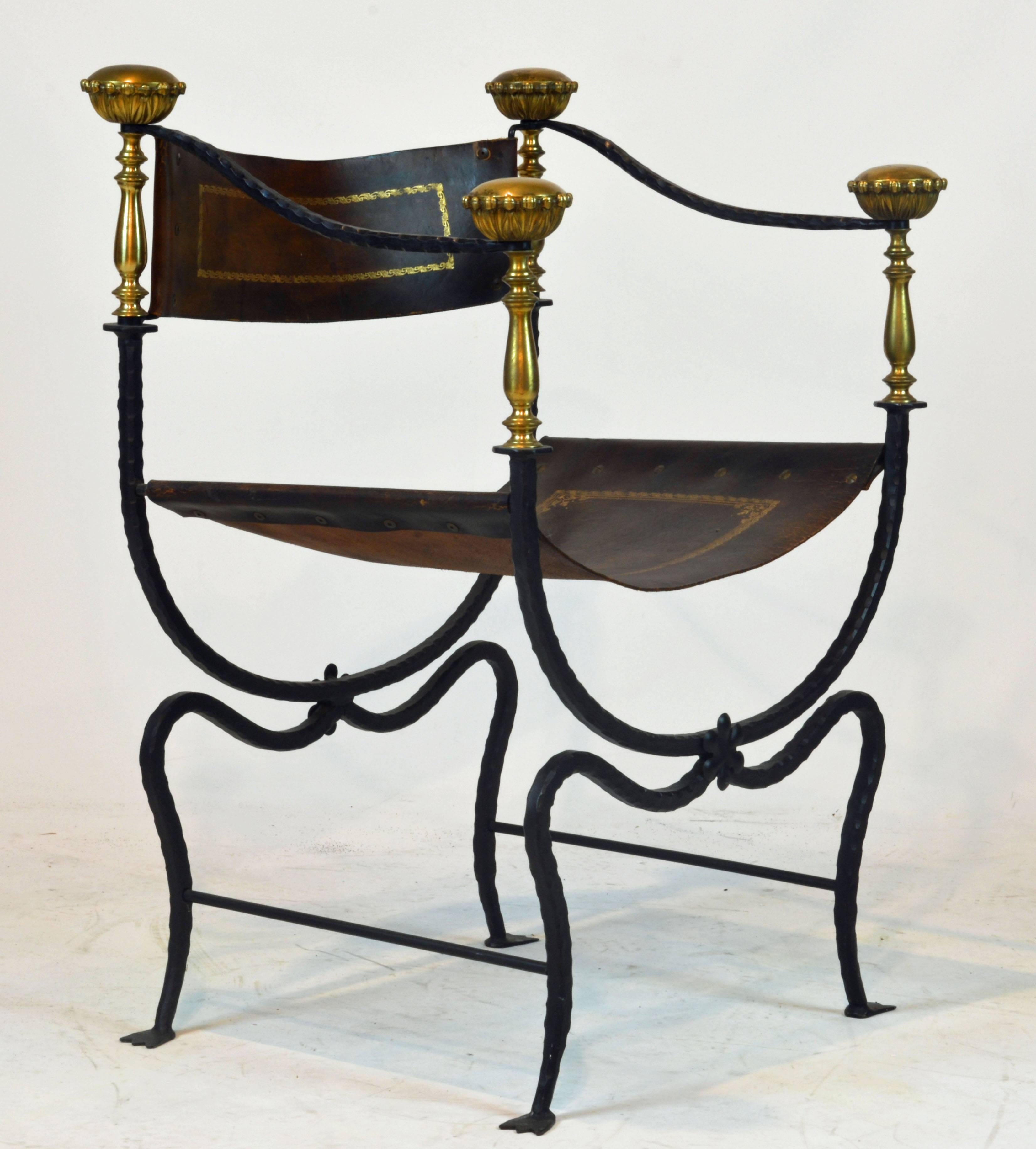 Italian Renaissance Style Wrought Iron and Bronze Savonarola Chair with Original Leather