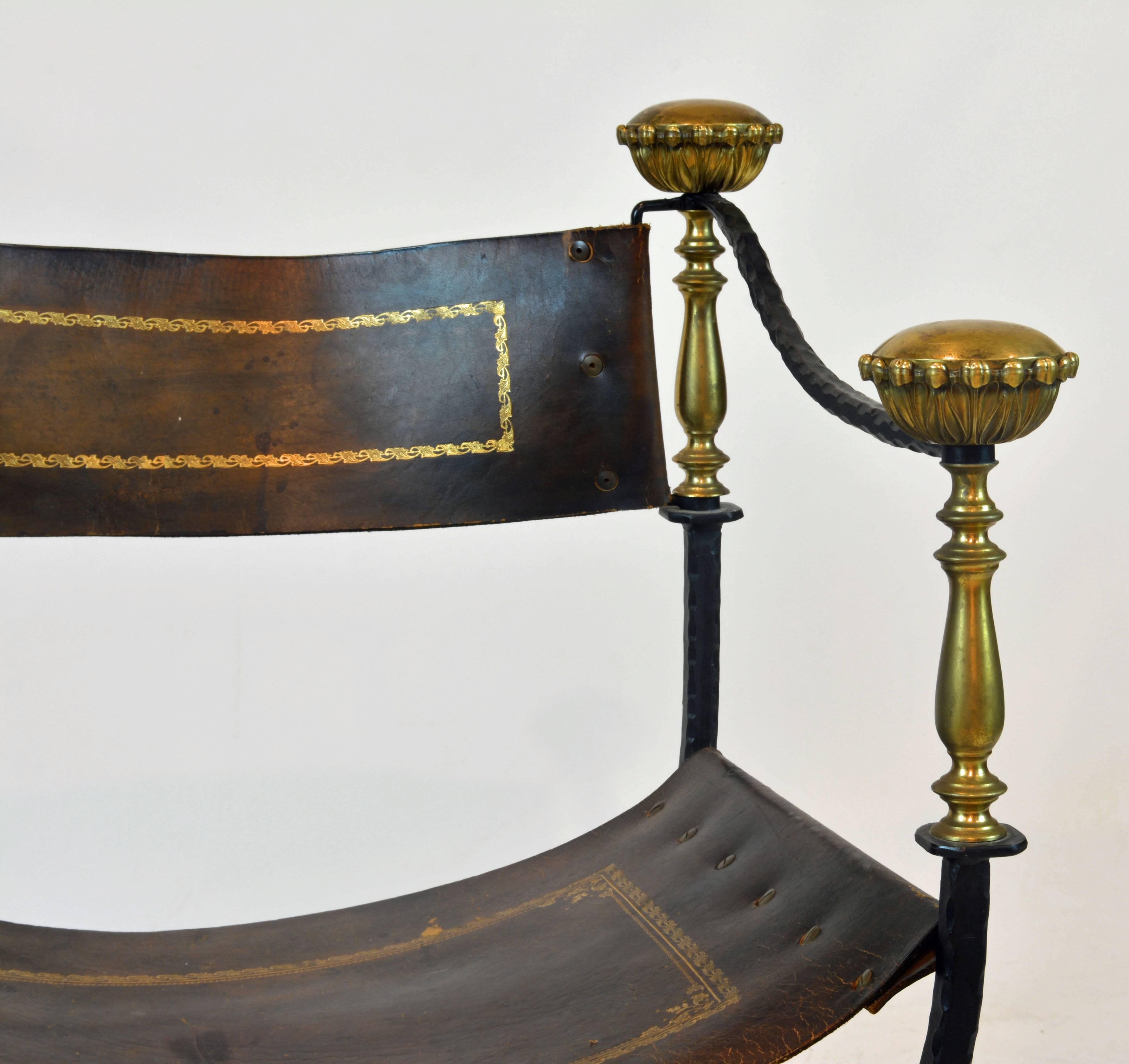 Gilt Renaissance Style Wrought Iron and Bronze Savonarola Chair with Original Leather