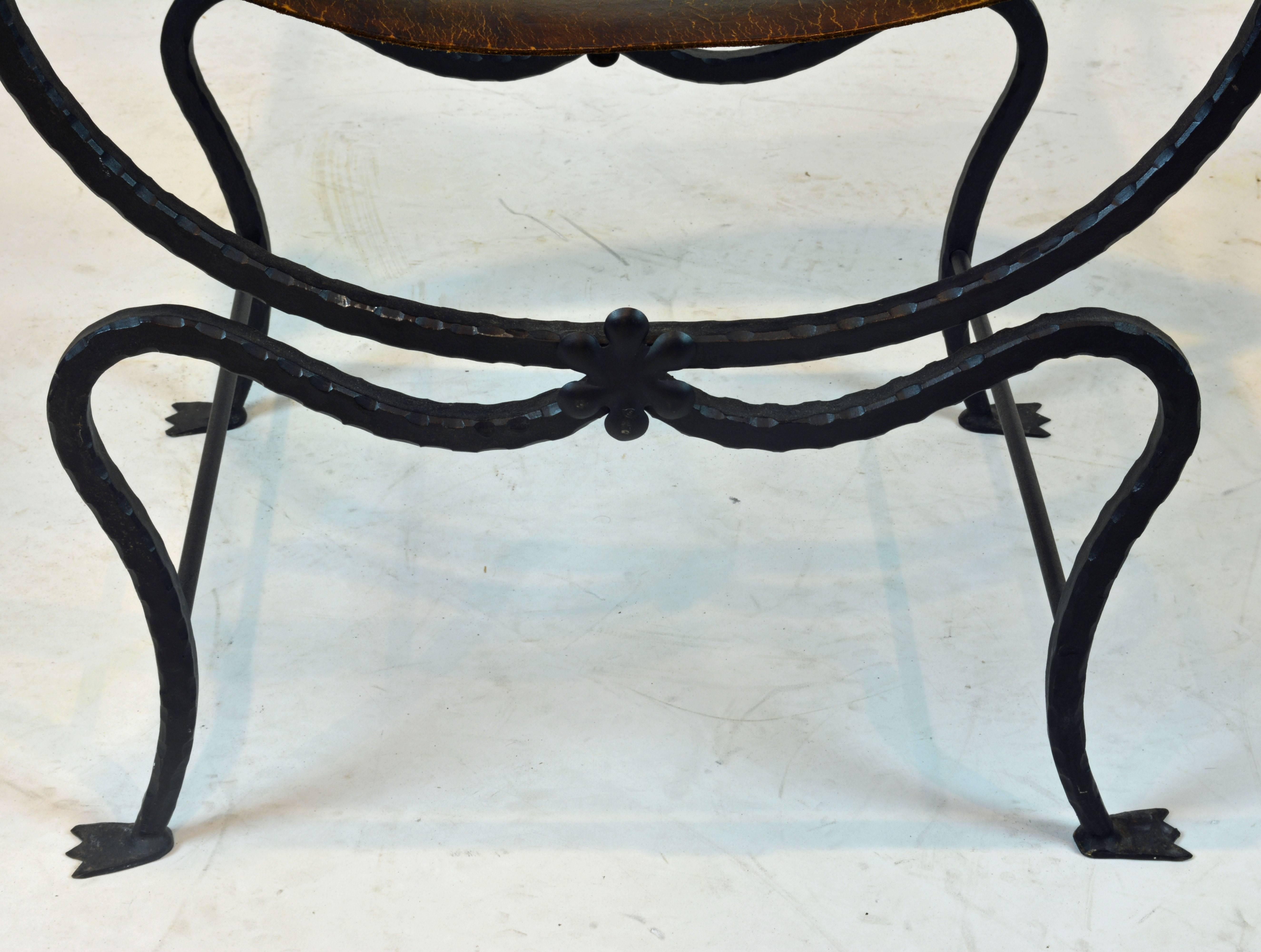 20th Century Renaissance Style Wrought Iron and Bronze Savonarola Chair with Original Leather