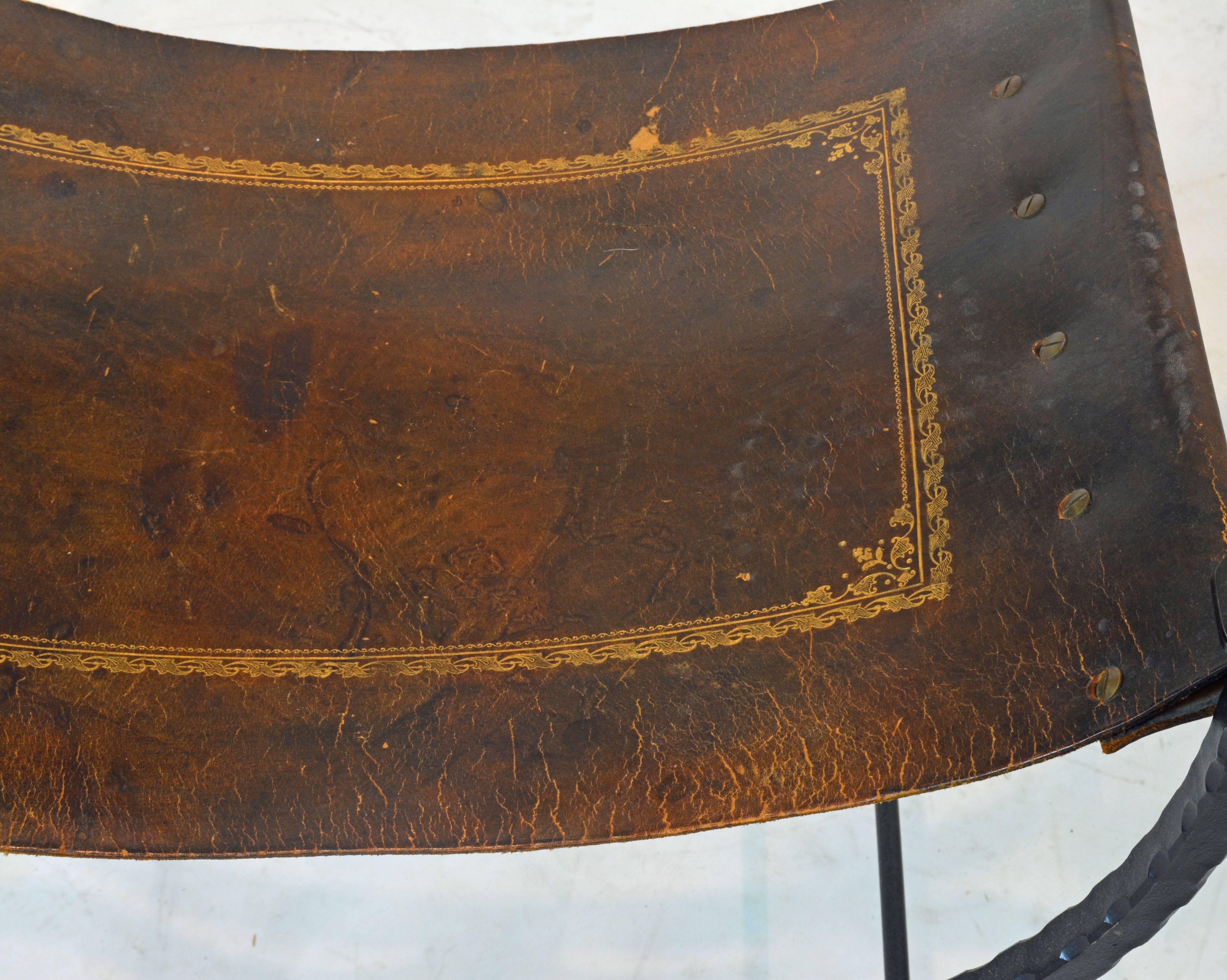 Renaissance Style Wrought Iron and Bronze Savonarola Chair with Original Leather 1